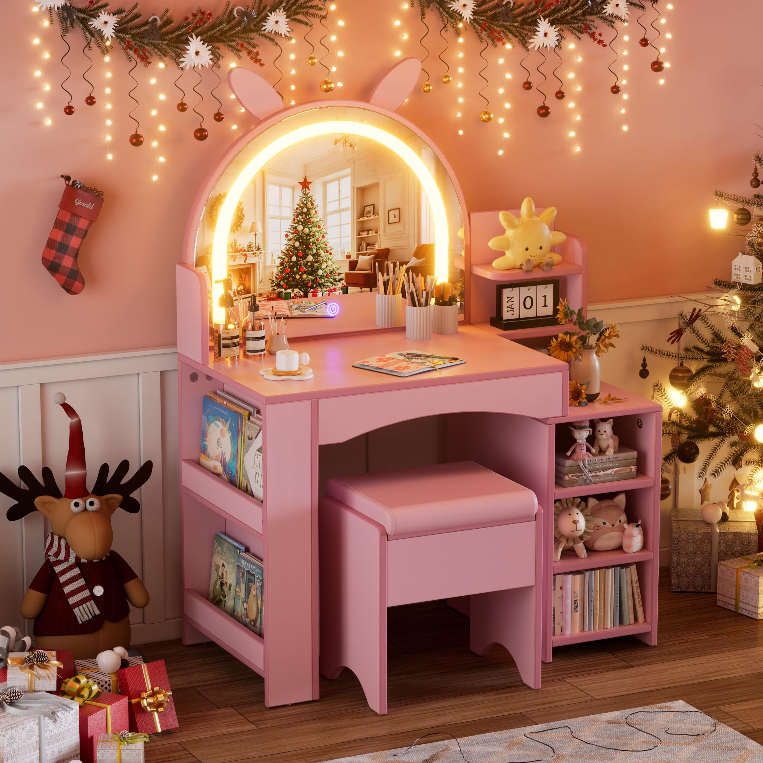 MSFE Mesa de Maquillaje con Espejo y luz LED para Niñas 3 en 1 Tocador Infantil de Madera Tocador de Mesa y Taburete de Princesa con Estante Abierto Centro de Belleza Tocador para niñas 8 años+, Rosa