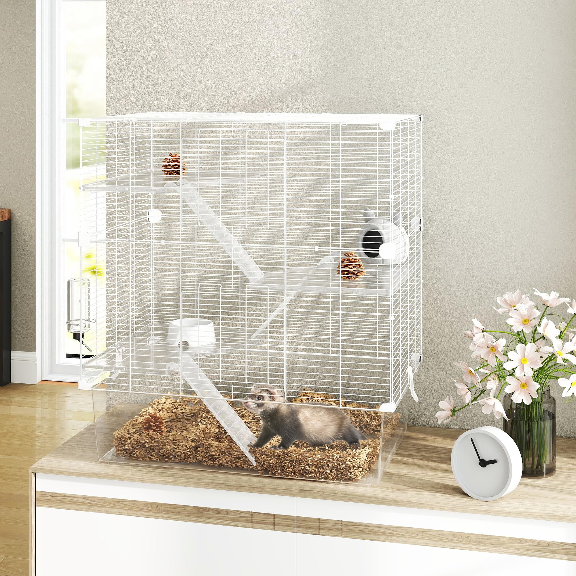 PawHut Mehrstöckiger Nagetierkäfig mit Zubehör, Hamsterkäfig aus Stahl, PET und PS, 73x47x80 cm, Weiß | Inklusive Zubehör, Käfig für Hamster, Frettchen, PET und PS