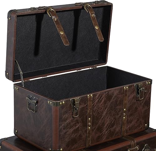 Miniatura 4 de Deco 79 Tronco tapizado de cuero con detalles y tachuelas vintage, juego de 3 de 19 pulgadas, 24 pulgadas, 27 pulgadas de ancho, marrón