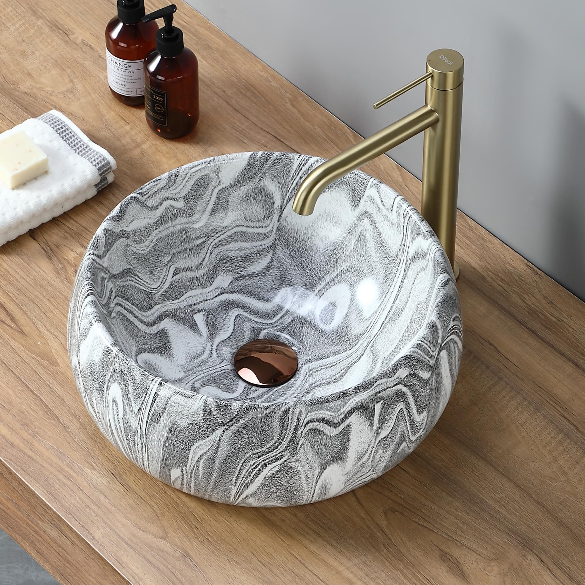 Vasque Ronde Creuse Effet Gris Zébré Ø40 cm – Lavabo à Poser Design Contemporain – Finition Minérale Élégante – Idéal Salle de Bain Moderne – Installation Facile et Entretien Simple