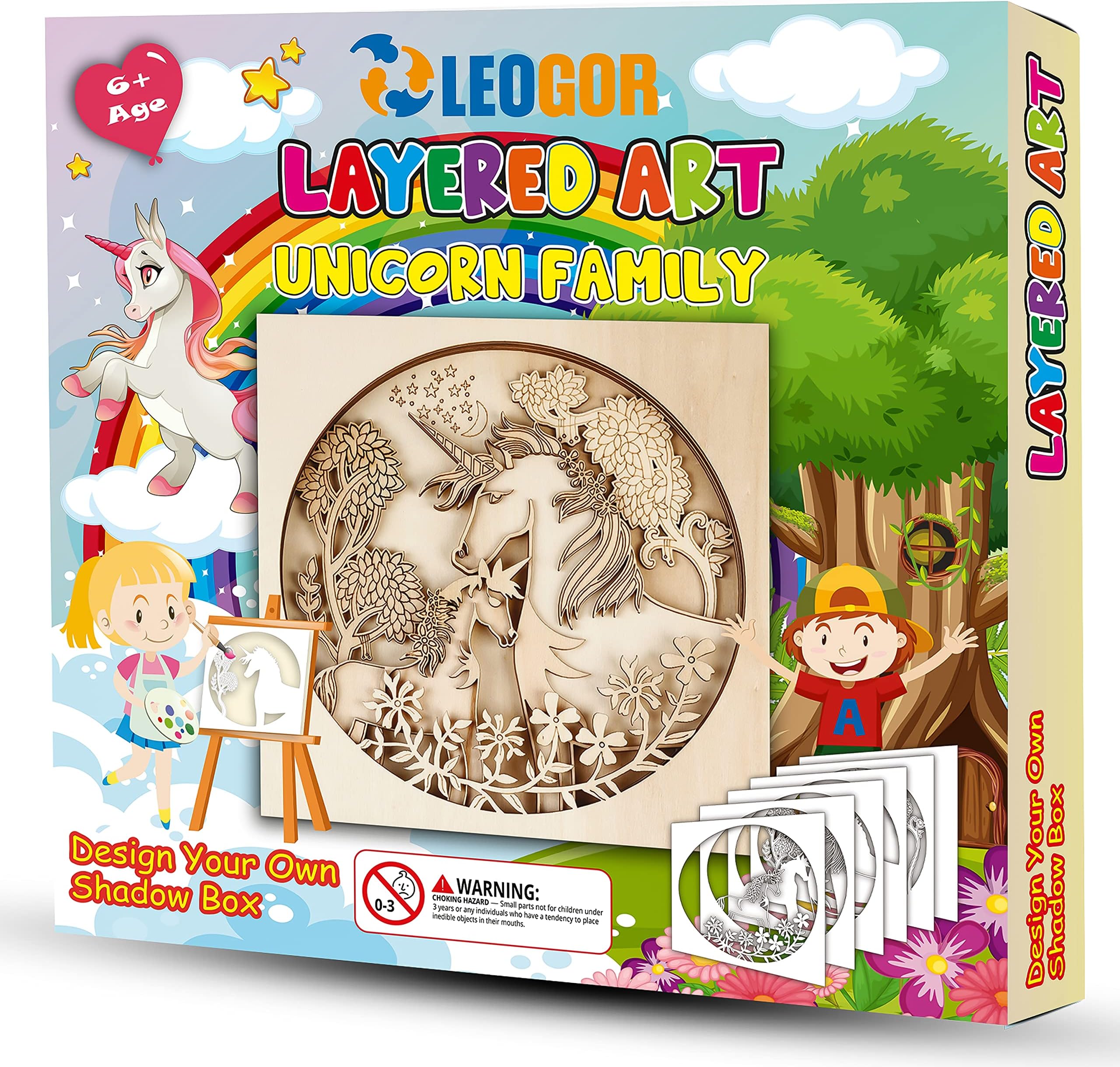 LEOGOR Wooden Unicorn Painting Kit for Kids - DIY Art Craft with 6 Markers, Layered Wood Panels - Fun Creative Activity, Develops Fine Motor Skills and Imagination - Ideal Gift for Boys & Girls