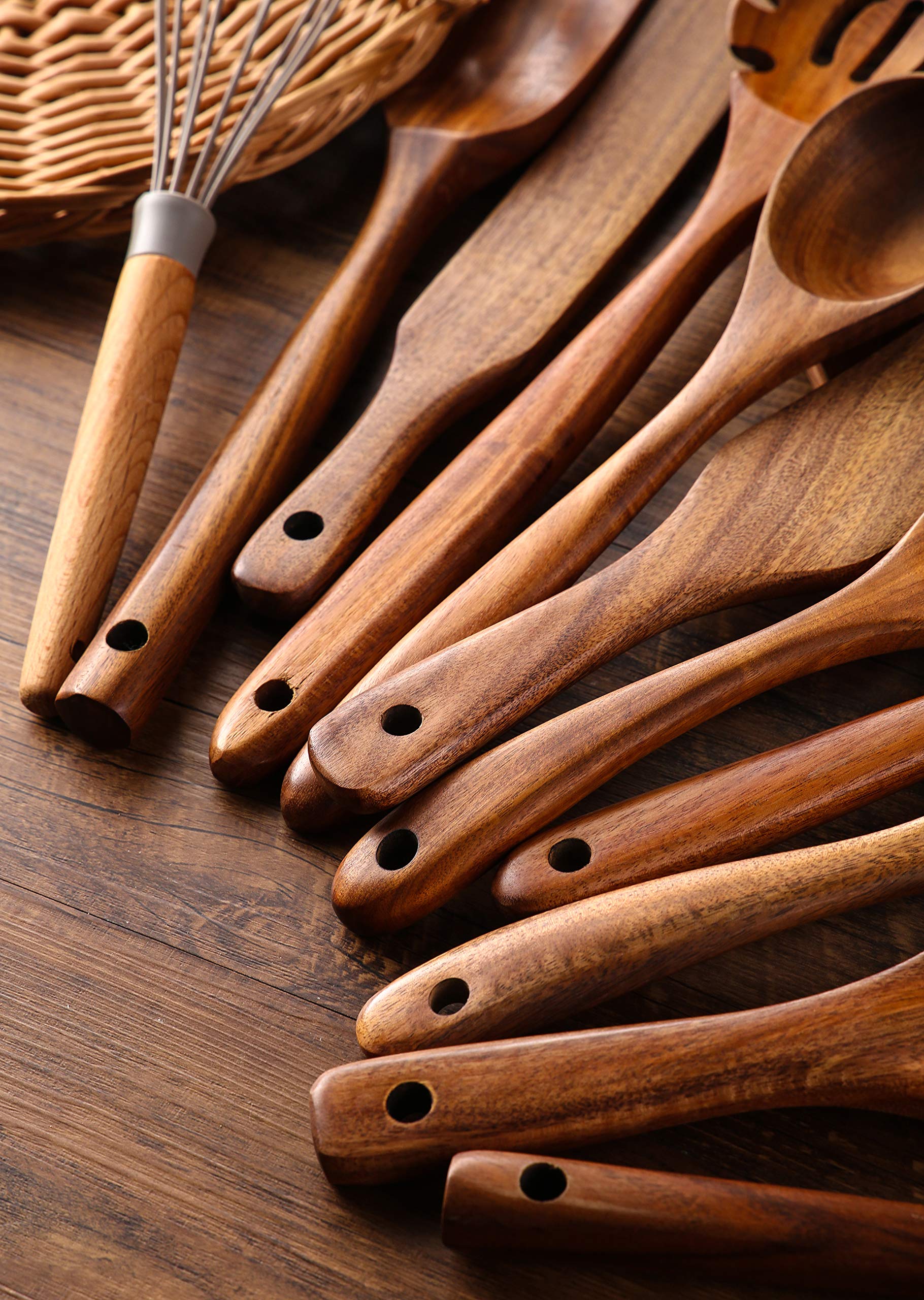 Ensemble d'ustensiles de cuisine 11 pièces en bois de teck avec cuillères, spatules et spurtles antiadhésifs