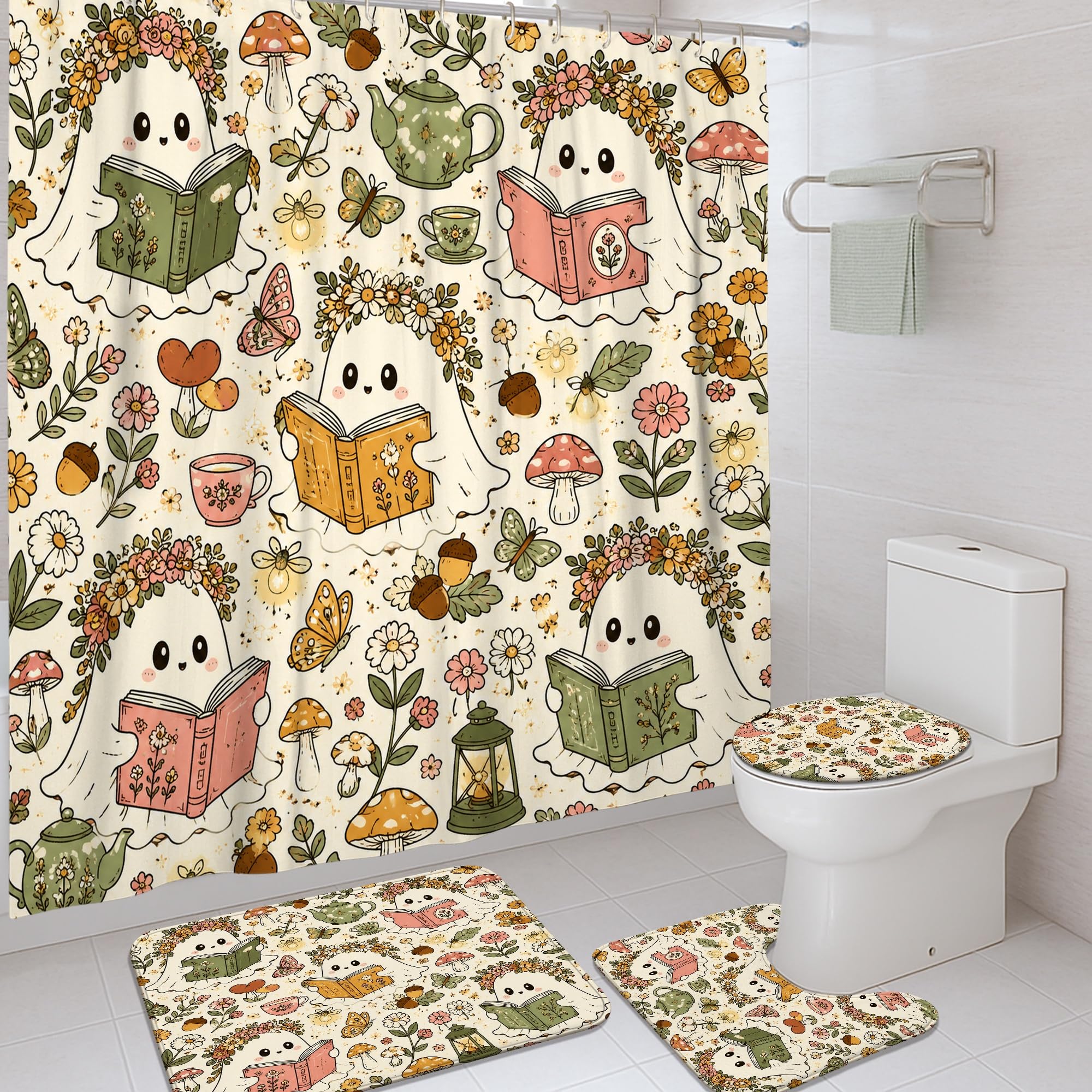 Rideau de douche fantômes au design livre ludique fantaisiste crème avec tapis de bain