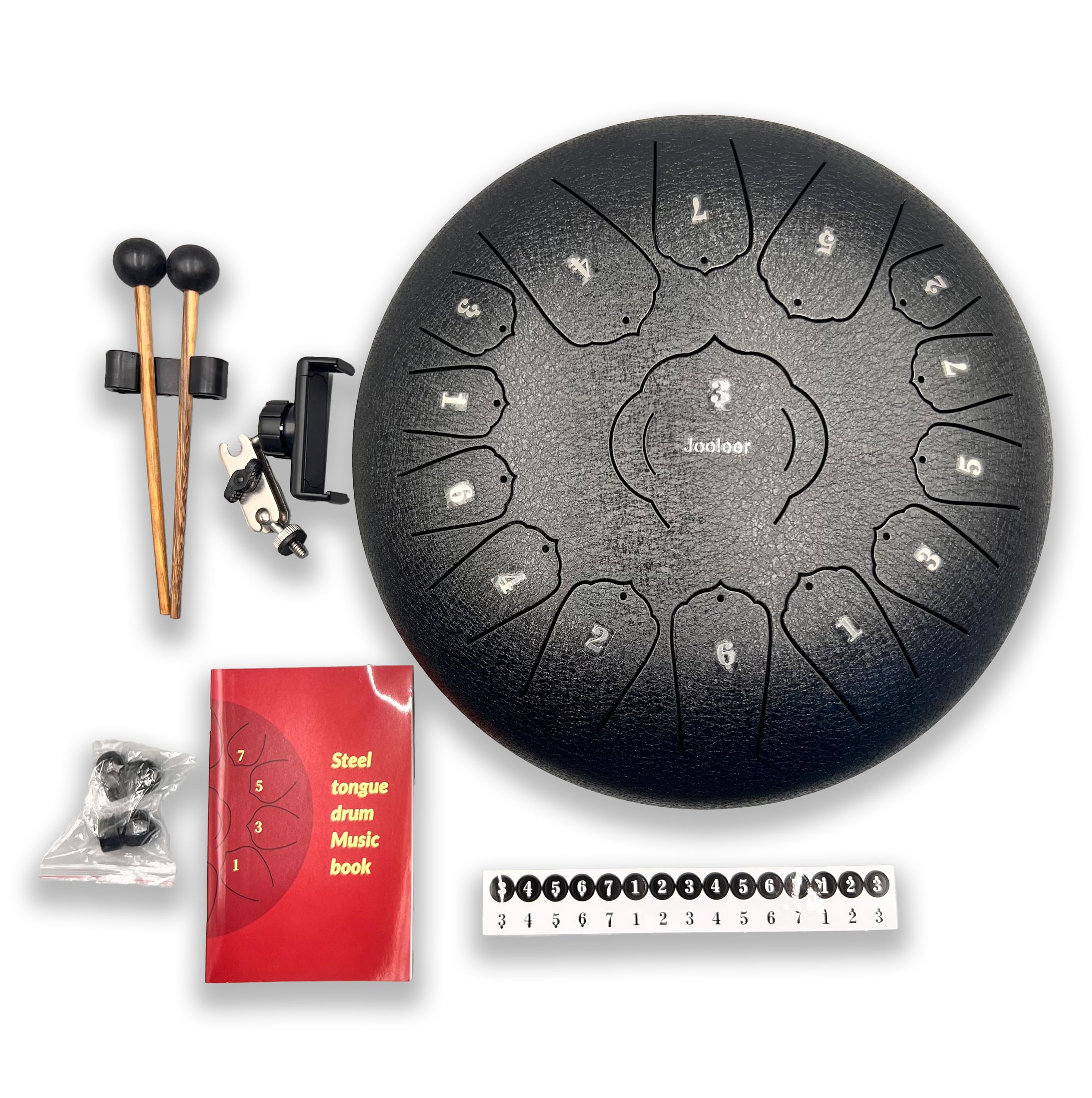 Jooleer Steel Tongue Drum with App Support Phone Holder 15 Notes 12 Inch Black C Key for Beginner & Professional Musical Percussion Instrument Unique Gift