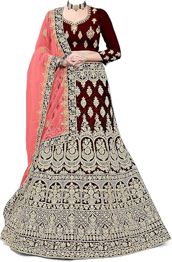 Mahi Enterprise Womens Buy Beautiful Latest Collection Of Designer Embroidered Velvet Bridal Semi-Stitched Lehenga Choli W...