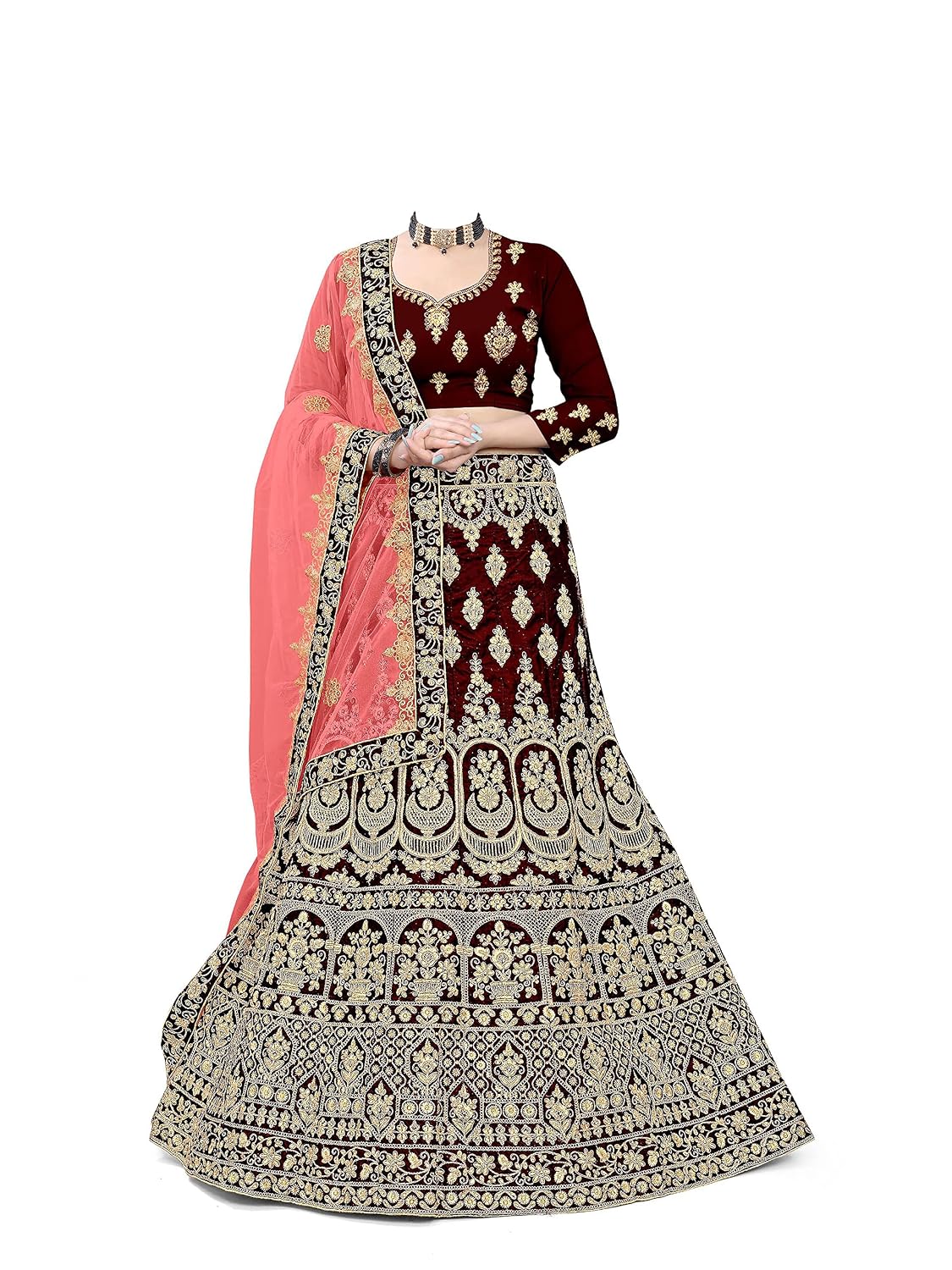 Mahi Enterprise Womens Buy Beautiful Latest Collection Of Designer Embroidered Velvet Bridal Semi-Stitched Lehenga Choli W...