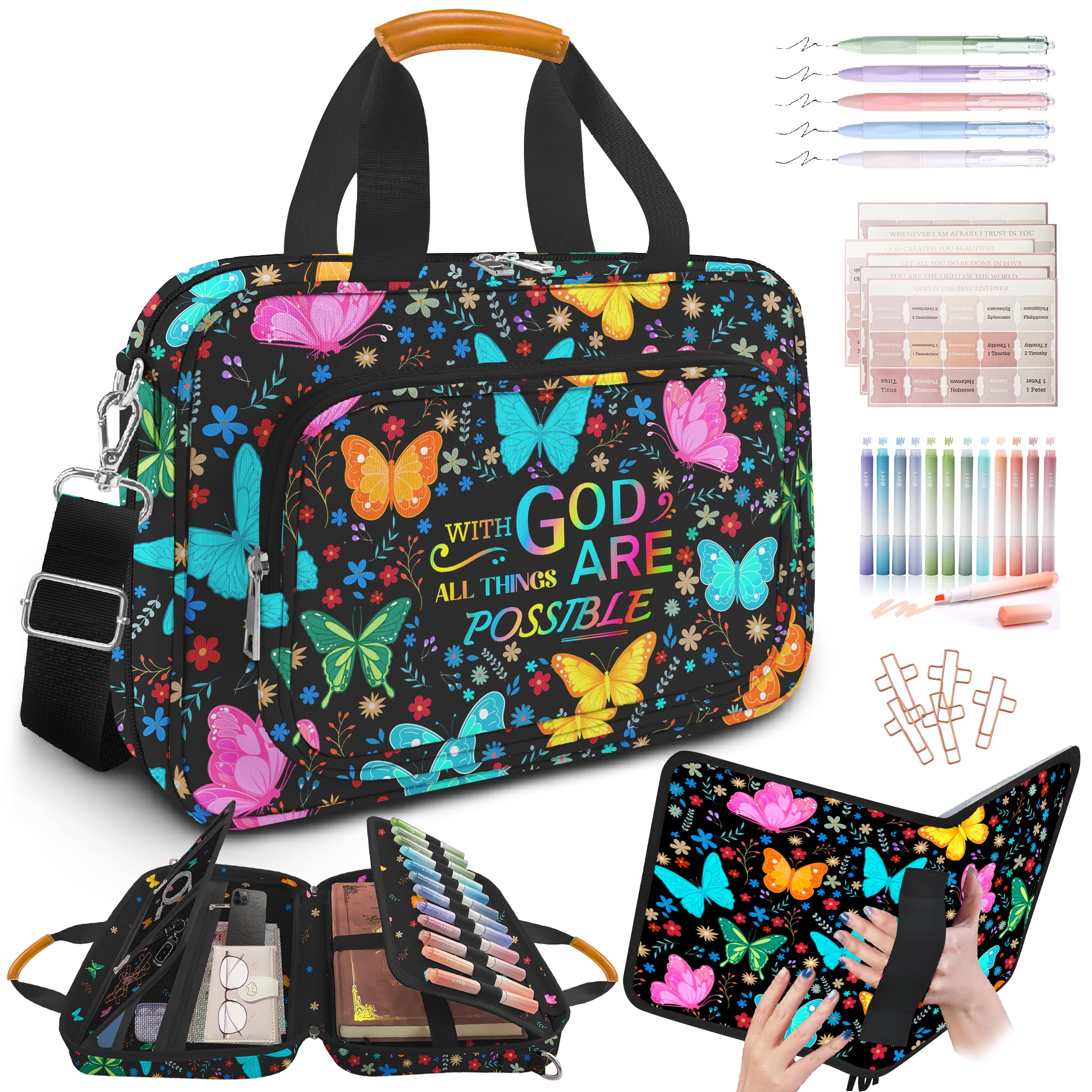 bolimoss Butterfly Flower Bible Case, Bible Cover with Pens Highlighters Cross Clip Tabs, Large Carrying Book Case with Handle Shoulder Strap Zipper Pockets, Cute Church Bag for Women Christian Gifts