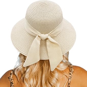 Straw Sun Hats for Women UV Protection, Foldable Floppy Bowknot Straw Hats Wide Brim Summer Beach Cap with Chin Strap for Beach Vacation Travel Holiday