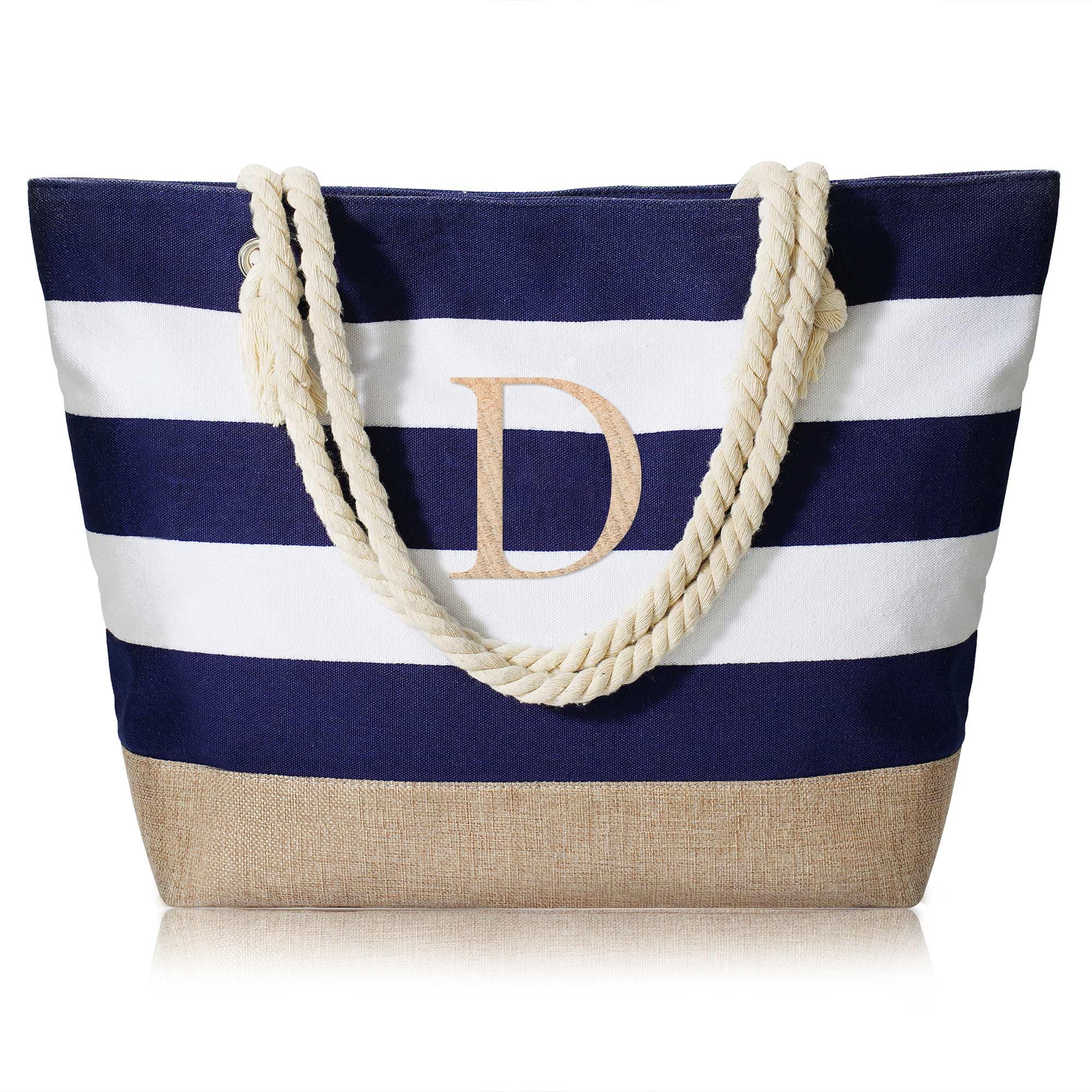 YOOLIFE Personalized Initial Canvas Beach Tote Bag with Zipper Gifts for Women Her Birthday Travel Beach Essentials