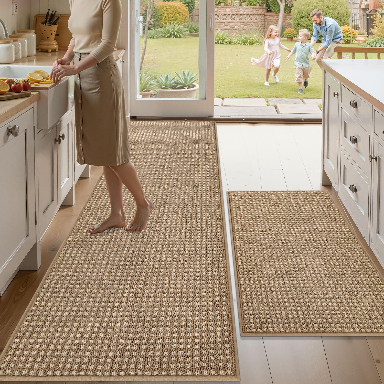 Biscpro Buffalo Plaid Kitchen Rugs Set,Non Slip Kitchen Mats for Floor-Thick Stain Resistant Kitchen Floor Mat Runner Carpet for Hallways Entryway Laundry Room Washable(60x90+60x180cm,Brown)