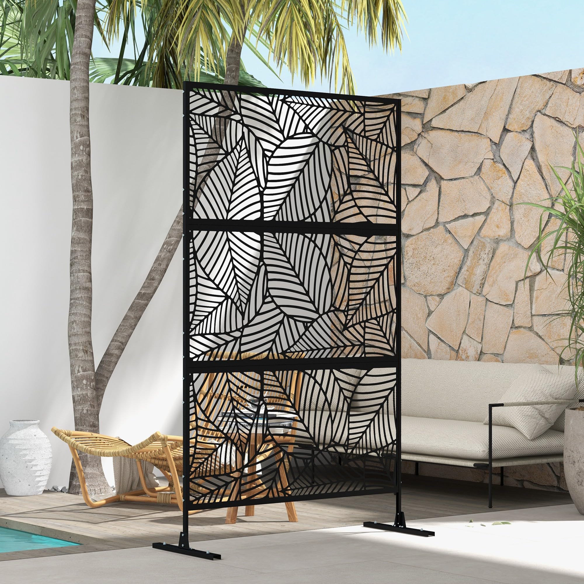 Outsunny Biombo de 3 Paneles con Soporte 122x198 cm para Exterior Negro | Con Tornillos de Expansión, Diseño de Hojas Grandes para Jardín, Patio y Terraza