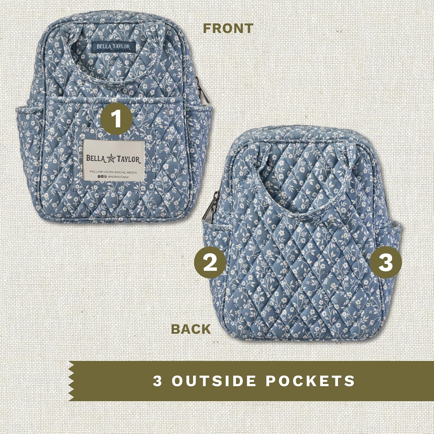 Bella Taylor Quilted Cotton Lunch Tote for Women, Foodsafe with Easy Clean PEVA Liner, Heritage Blue Floral