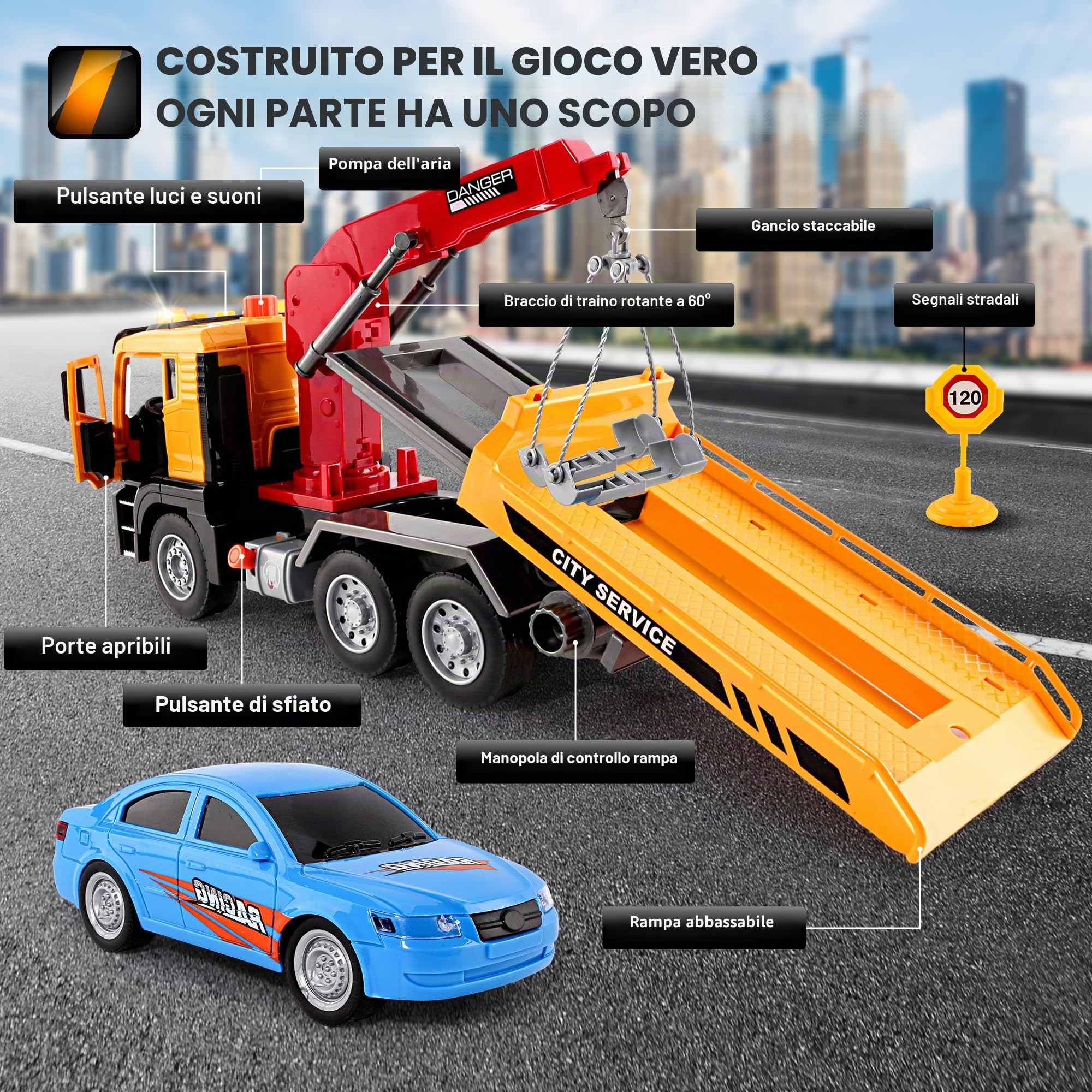 BunnyJOY Camion Giocattolo Bambini 3 4 5 6 Anni, Camion Soccorso Giocattolo con Luci e Suoni, Carro Attrezzi con Gru e Catena con Auto Inclusa, Regalo Bambini