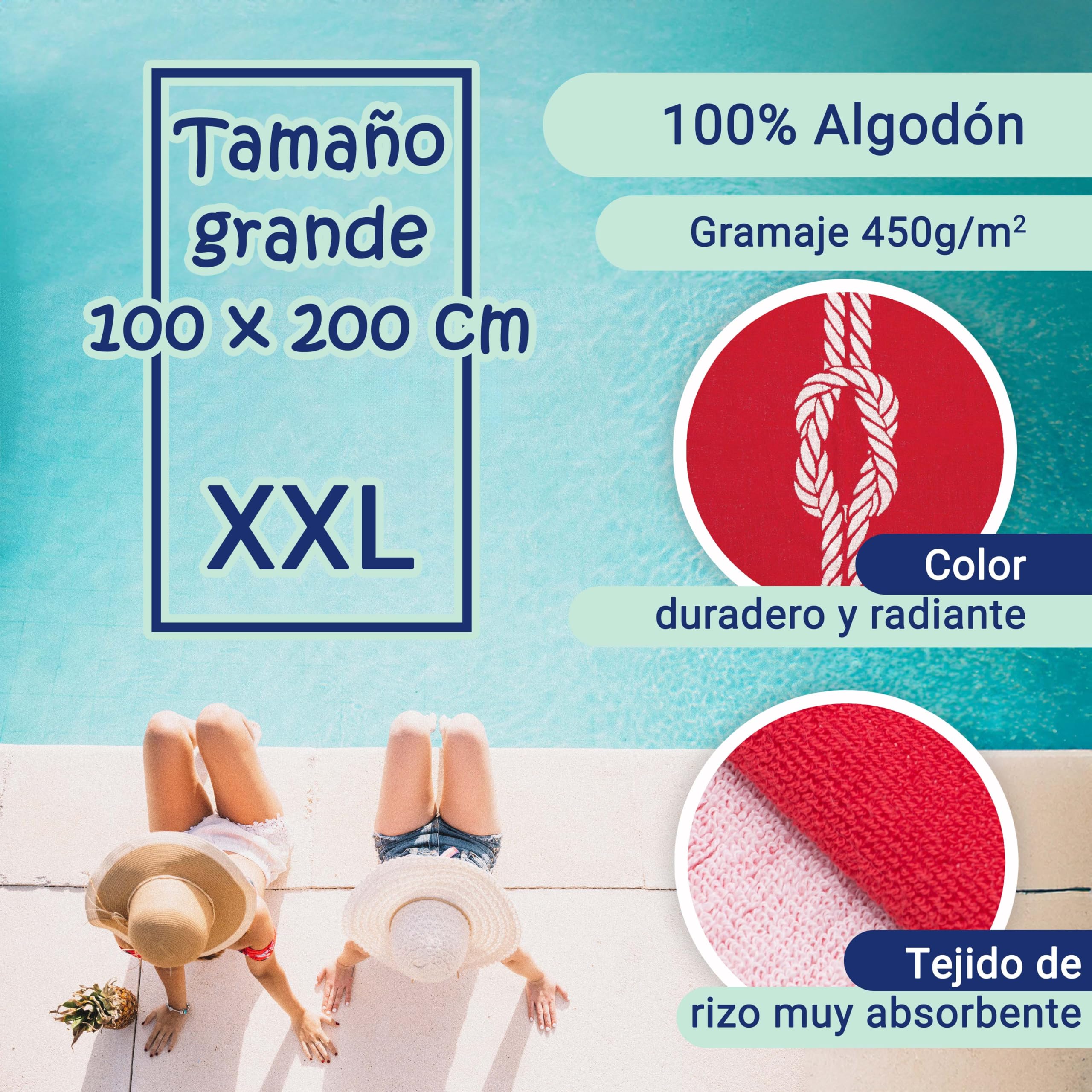 ZOLLNER Toalla de Playa Grande, 100x200 cm, algodón, 450 g, roja