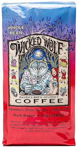 Raven's Brew Coffee Café de cuerpo completo tostado oscuro en grano entero - Wicked Wolf, 12 onzas