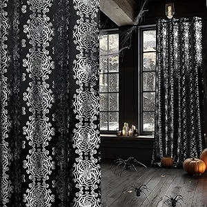 NICETOWN Black Gothic Sheer Curtains for Halloween, Grommet Spider Web Foil Print with Light Filtering Drapes for Horror Theme Room, W52 x L96, 2 Panels