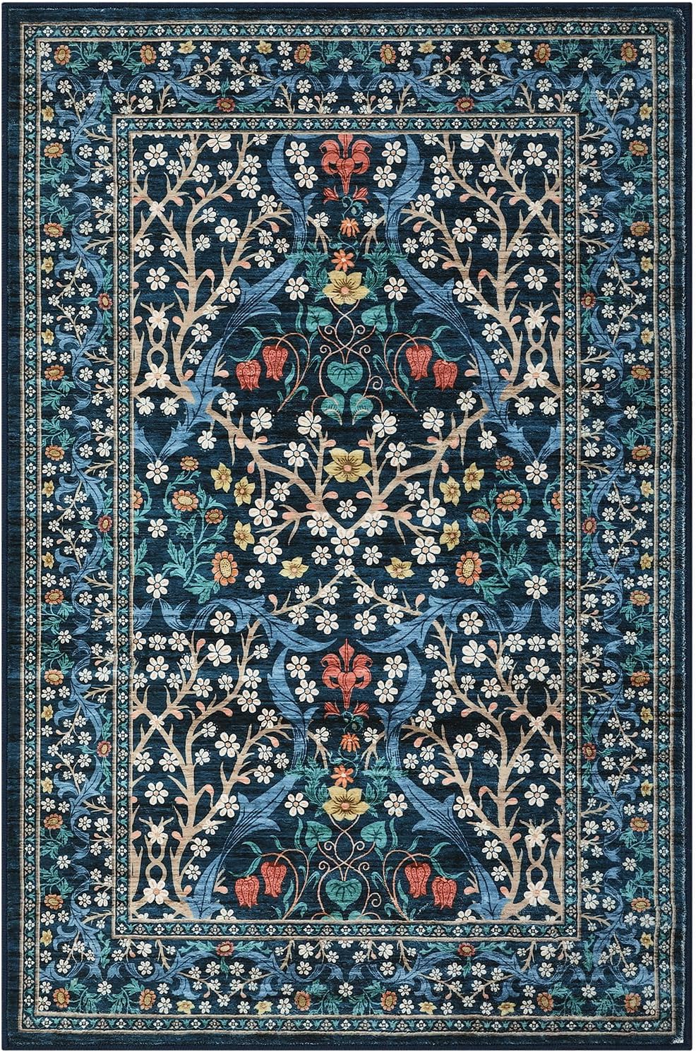 GarveeHome Floral Entryway Rug, 2x3 Washable Front Door Entry Throw Rugs Indoor, Non Slip Bathroom Small Rugs, Boho Thin Rug for Kitchen, Soft Carpet Mat for Bedroom Bathroom, Dark Blue