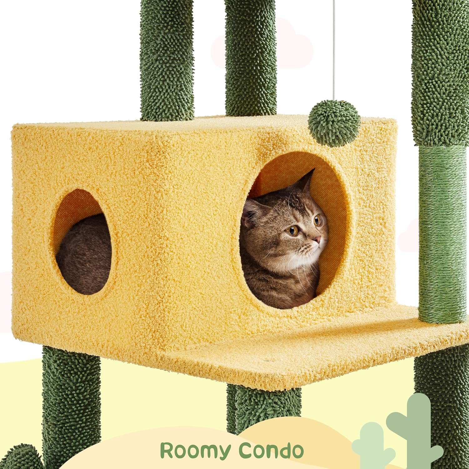 Yaheetech 68.5in Tall Cactus Cat Tree, Multi-Level Tower with 2 Large Condos, Scratching Posts, 2 Acrylic Clear Bowls, Mushroom Perch & Dangling Balls