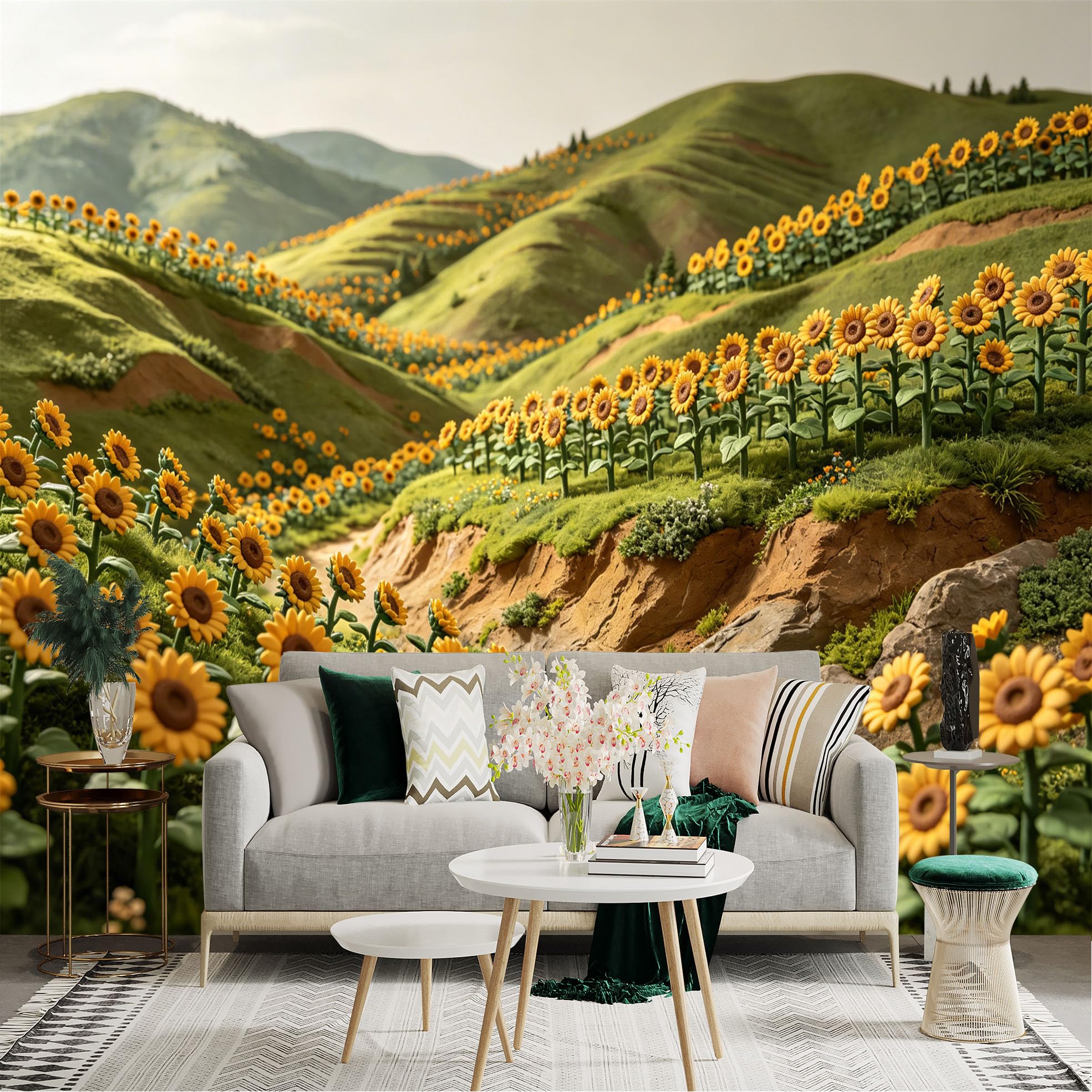 Lnzczhyre Dbh260521425 Custom Size Wall Sticker Mural， Rolling Hill Landscape With Vibrant Sunflowers， Meadow Scenery， Natural Sunshine Field， For Wall Decoration， Peelandstick Wall Decals.