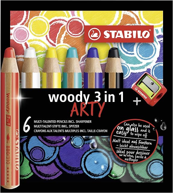 Multi-Talented Pencil - STABILO woody 3 in 1 ARTY - Wallet of 6 - Assorted Colours + Sharpener