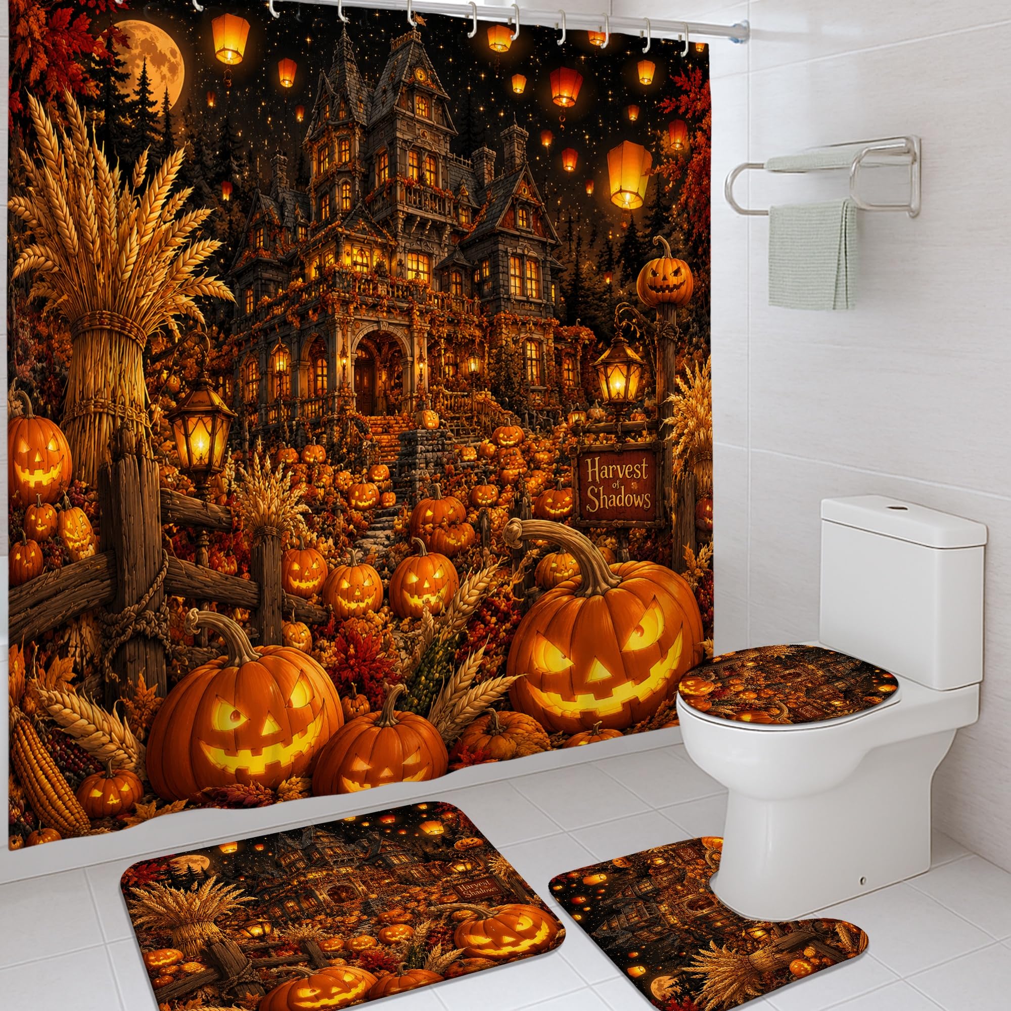 Rideau de douche imperméable anti-éclaboussures motif citrouille lune d'Halloween orange