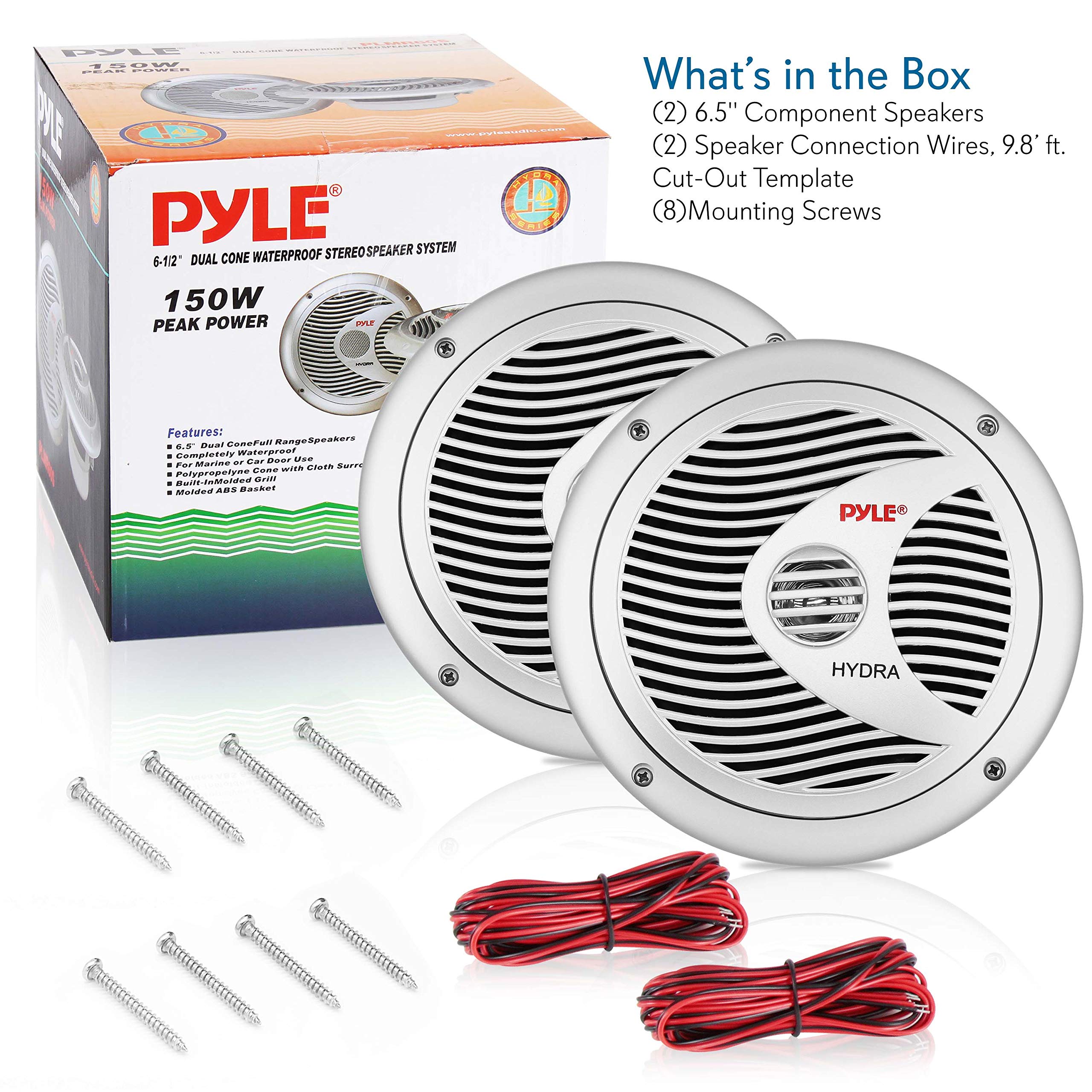 Enceintes marines doubles Pyle 6,5" - Système audio stéréo extérieur 2 voies étanche et résistant aux intempéries avec 150 watts de puissance, cône en polypropylène et contour en tissu