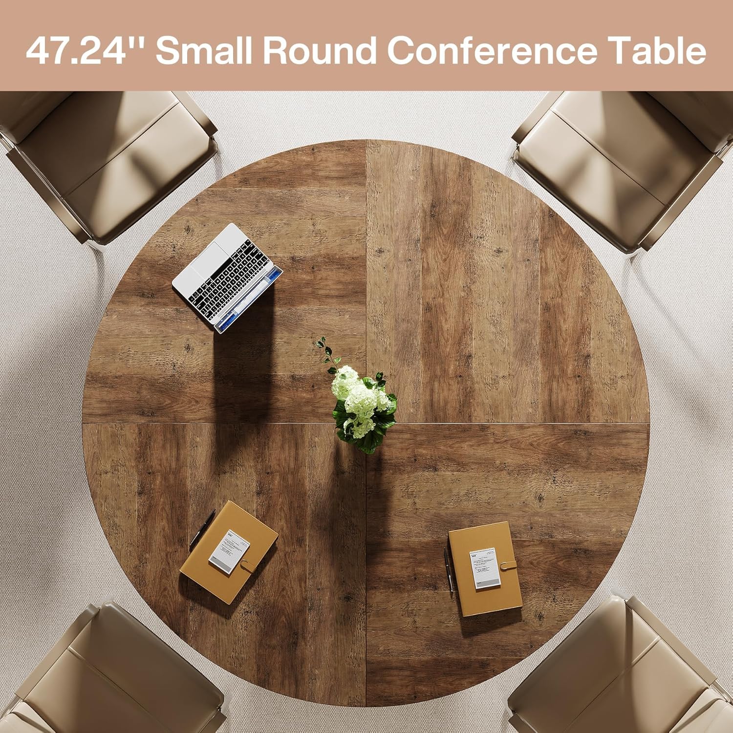 Tribesigns 47-Inch Round Conference Table, Meeting Table for 4-6 People, Small Office Desk with Sturdy MDF + Metal Base, Perfect for Conference Room or Small Workspaces, Brown + Black
