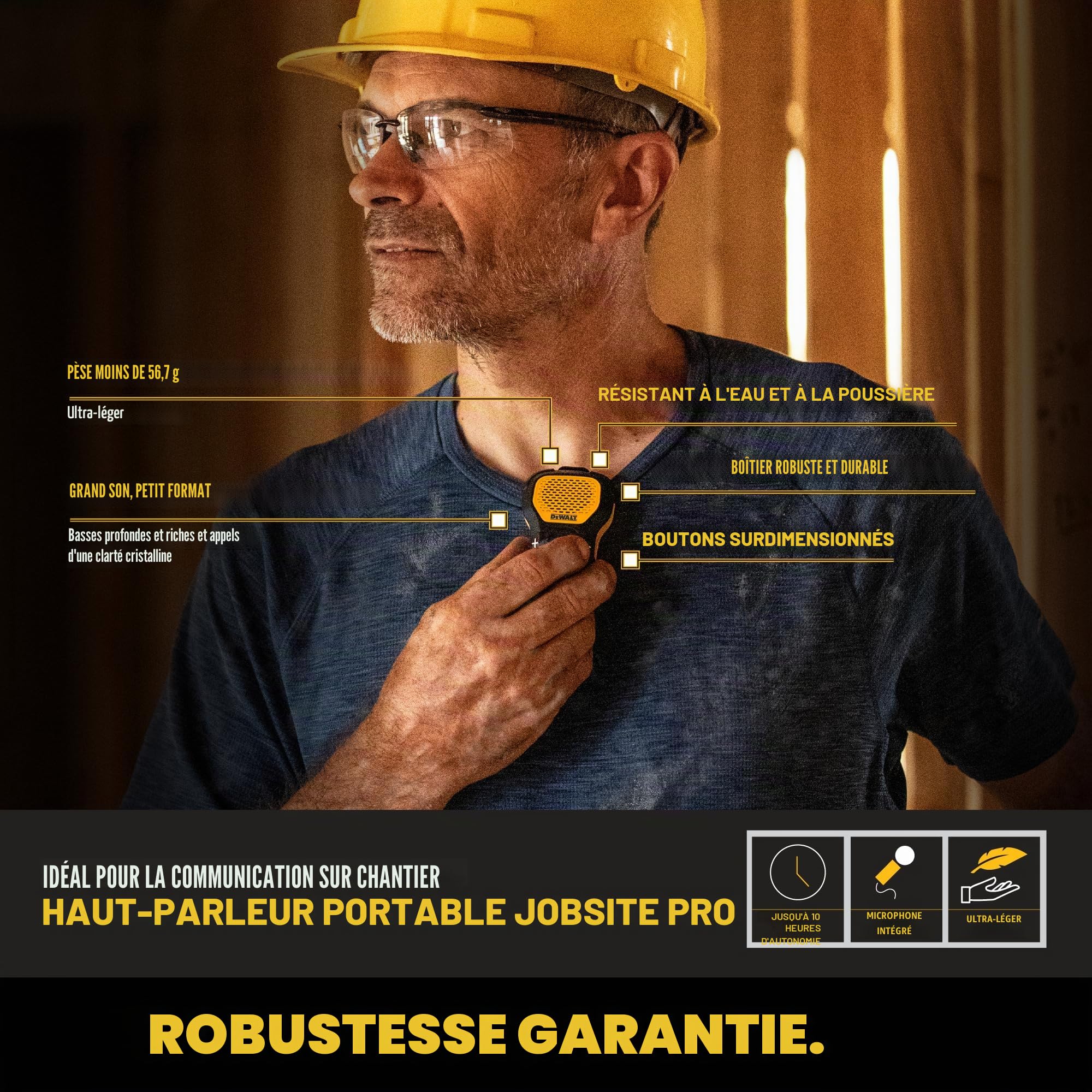 DEWALT Enceinte Bluetooth Portable (Version Mise à Jour), Haut-Parleur Portable sans Fil à Clipser Jobsite Pro résistant à l'eau, Microphone intégré pour Musique/appels Mains Libres, Haut-Parleur