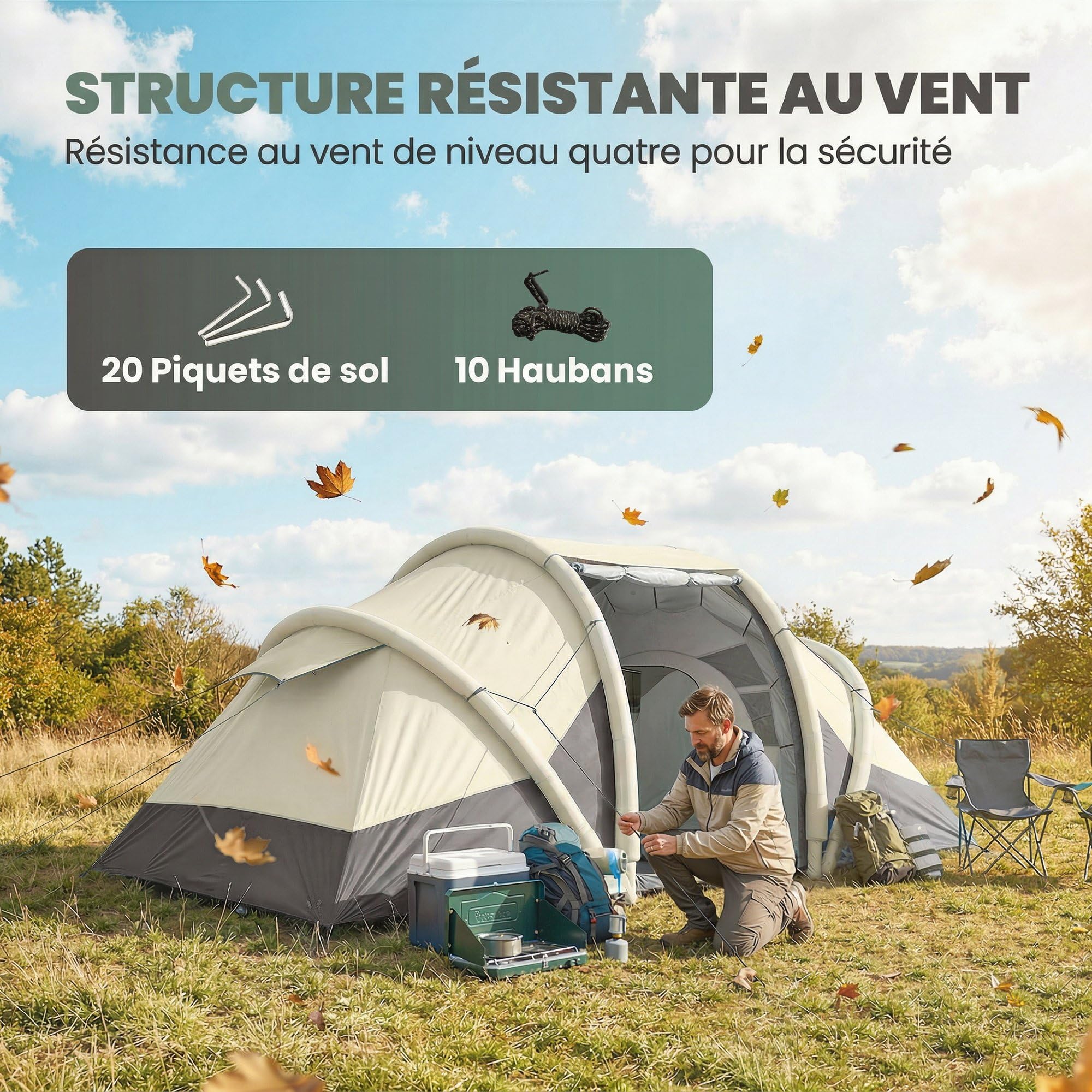 Outsunny Tente de Camping Gonflable 2-4 Personnes avec Pompe, 2 Chambres et Séjour - Tente Tunnel Familiale Imperméable 3000mm - 4,85m avec Valve de Décharge et Auvent, pour Camping, Gris