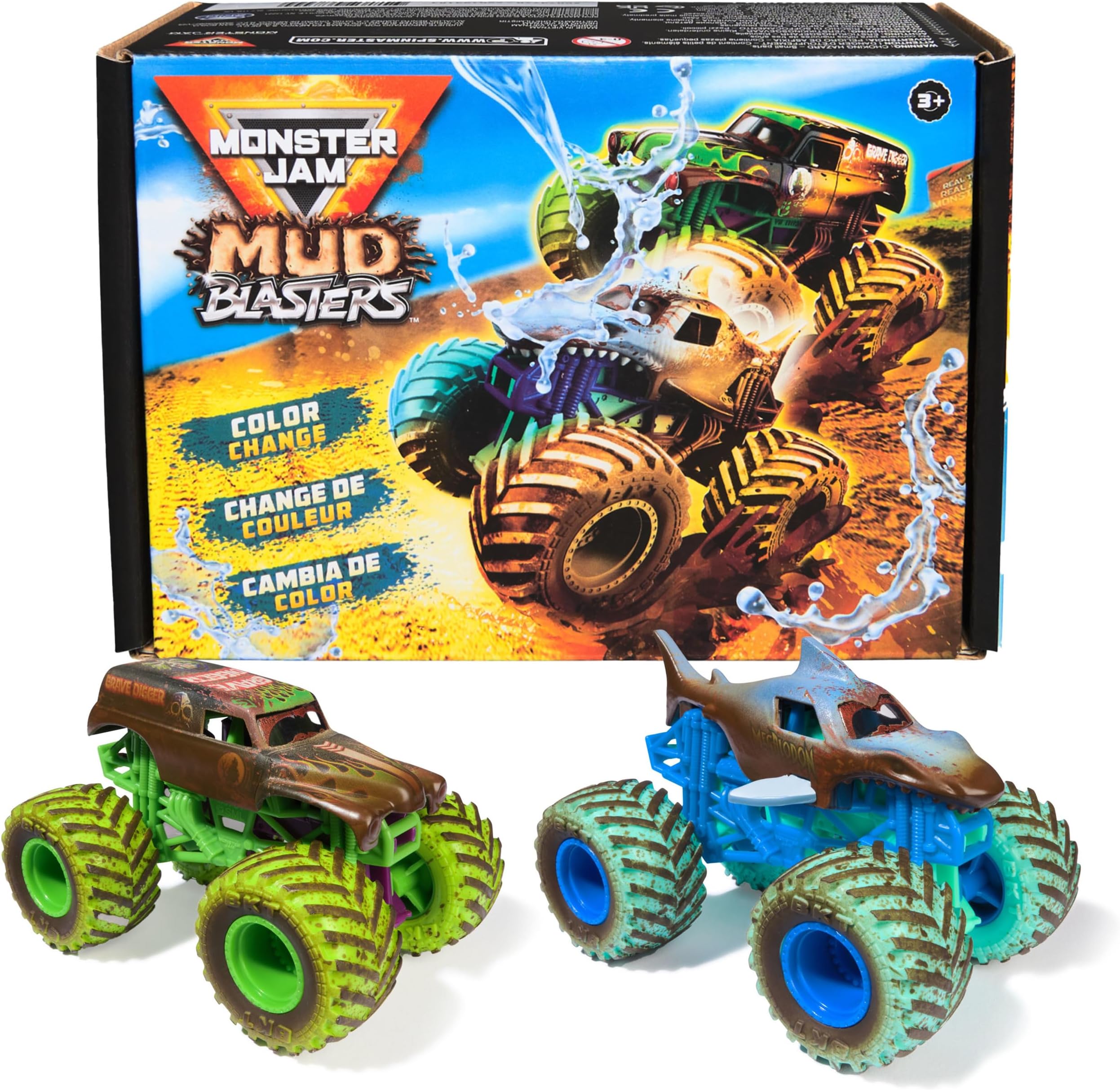 Mud Blasters, Grave Digger and Megalodon Color Changing Trucks 2-Pack, 1:64 Die Cast Vehicle, Kids Toys for Boys and Girls 3 and Up