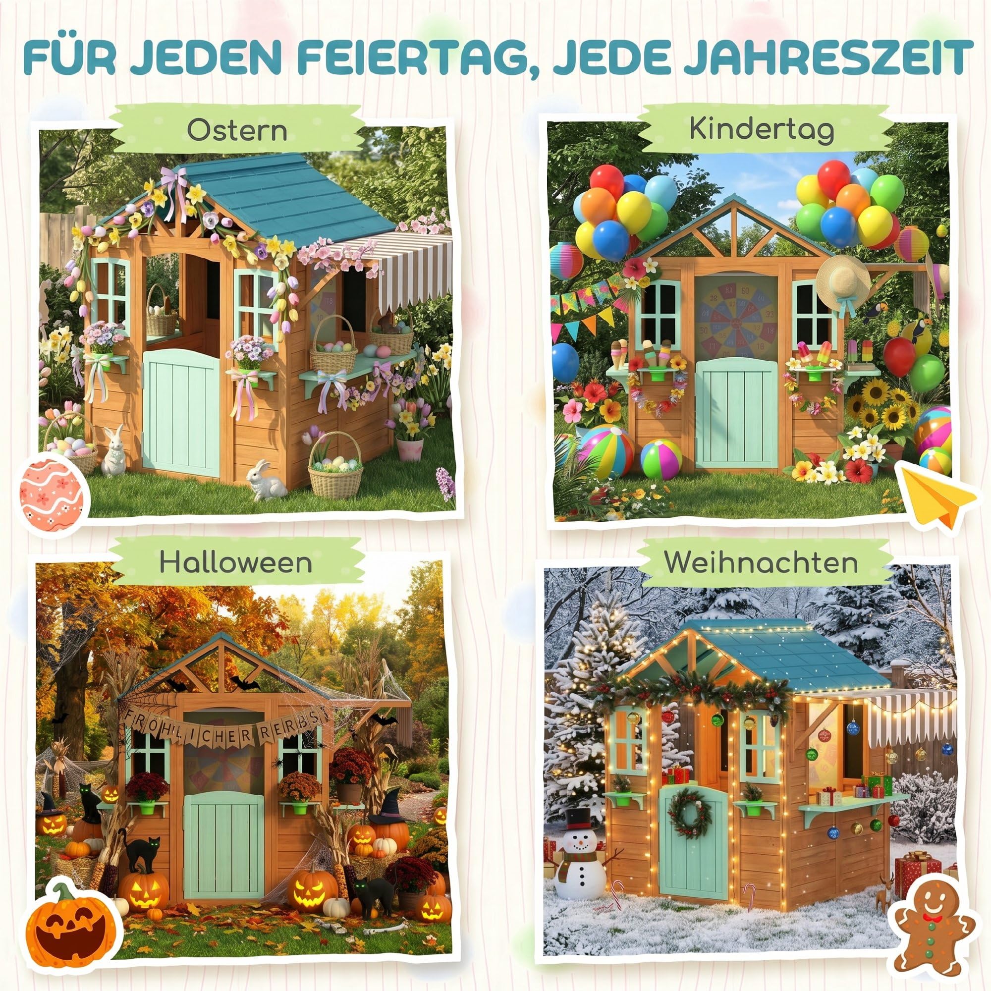 AIYAPLAY Kinderspielhaus aus Holz Spielhaus Outdoor mit Verkaufstheke Pflanzenkasten Kreidetafel Zieltuch 4 Ball Fenster Tür Gartenhaus für Kinder 142 x 120 x 141,5 cm Mehrfarbig