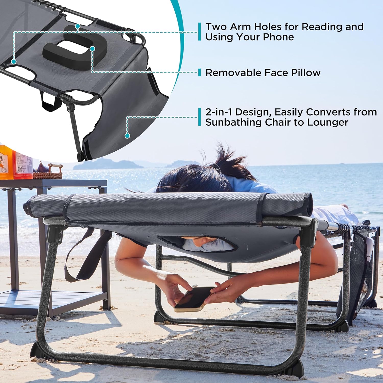 Yaheetech 5 Position Folding Tanning Chair, Outdoor Chaise Lounge Chair with Pad for Beach Patio Poolside Lawn(Gray)