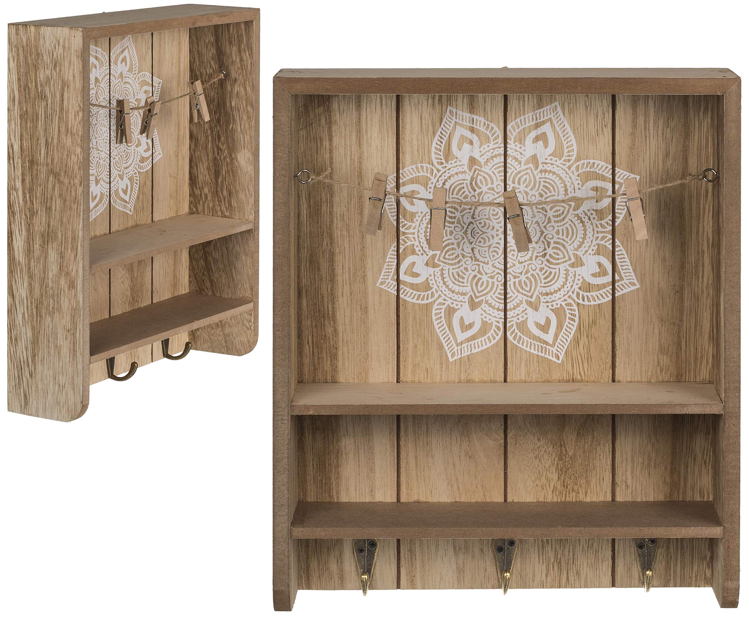 Great gift present. Keep Your Keys In One Location. Natural-coloured wooden Mandala board with 4 wooden mini-clips & 3 metal hooks