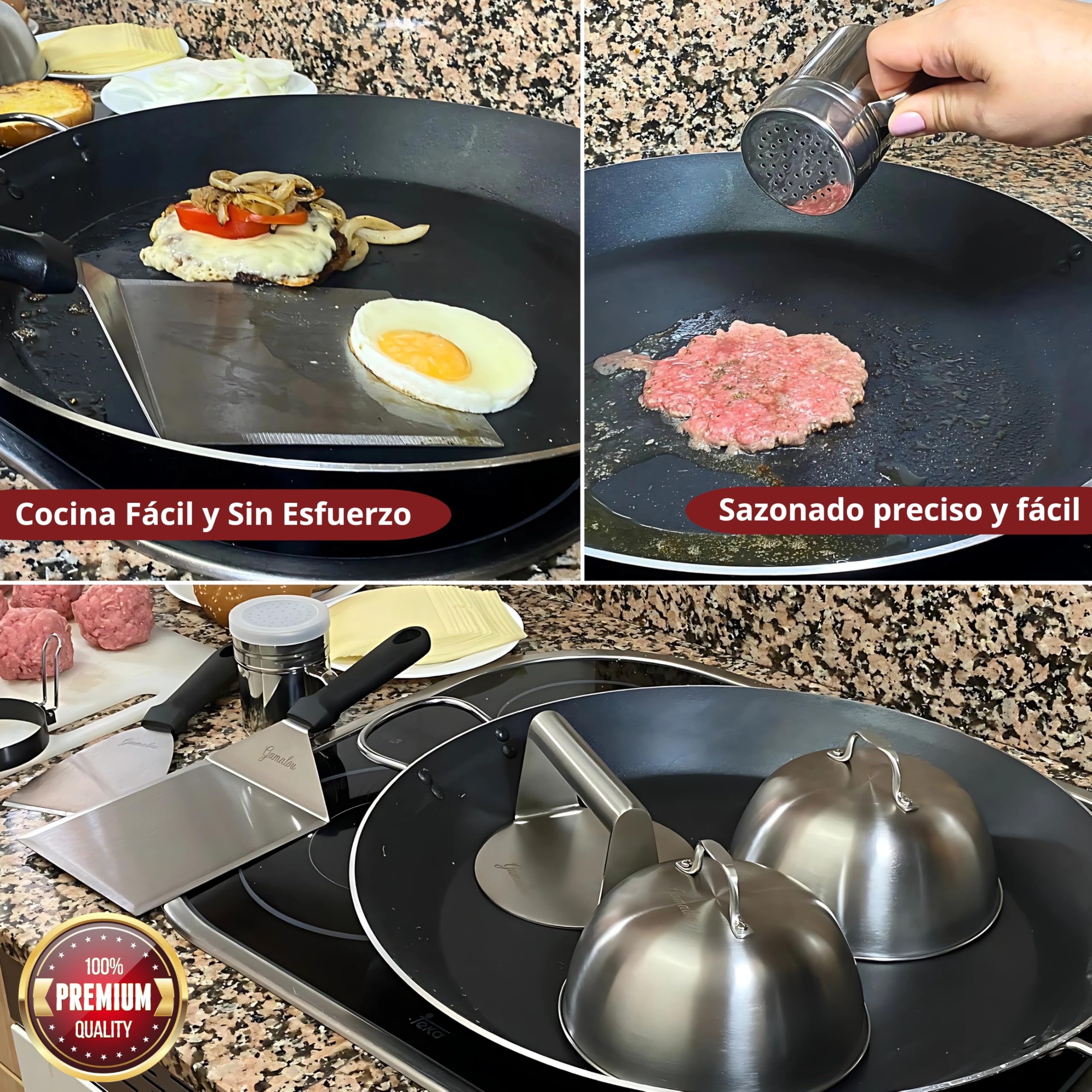 Smash Burger Profesional Kit Inox 304: Prensa Hamburguesas Smasher Antiadherente, Set de 2 Campanas, Espátulas y Bote para Especias, Ideal para Parrilla, Plancha o Sartén - Certificado UE