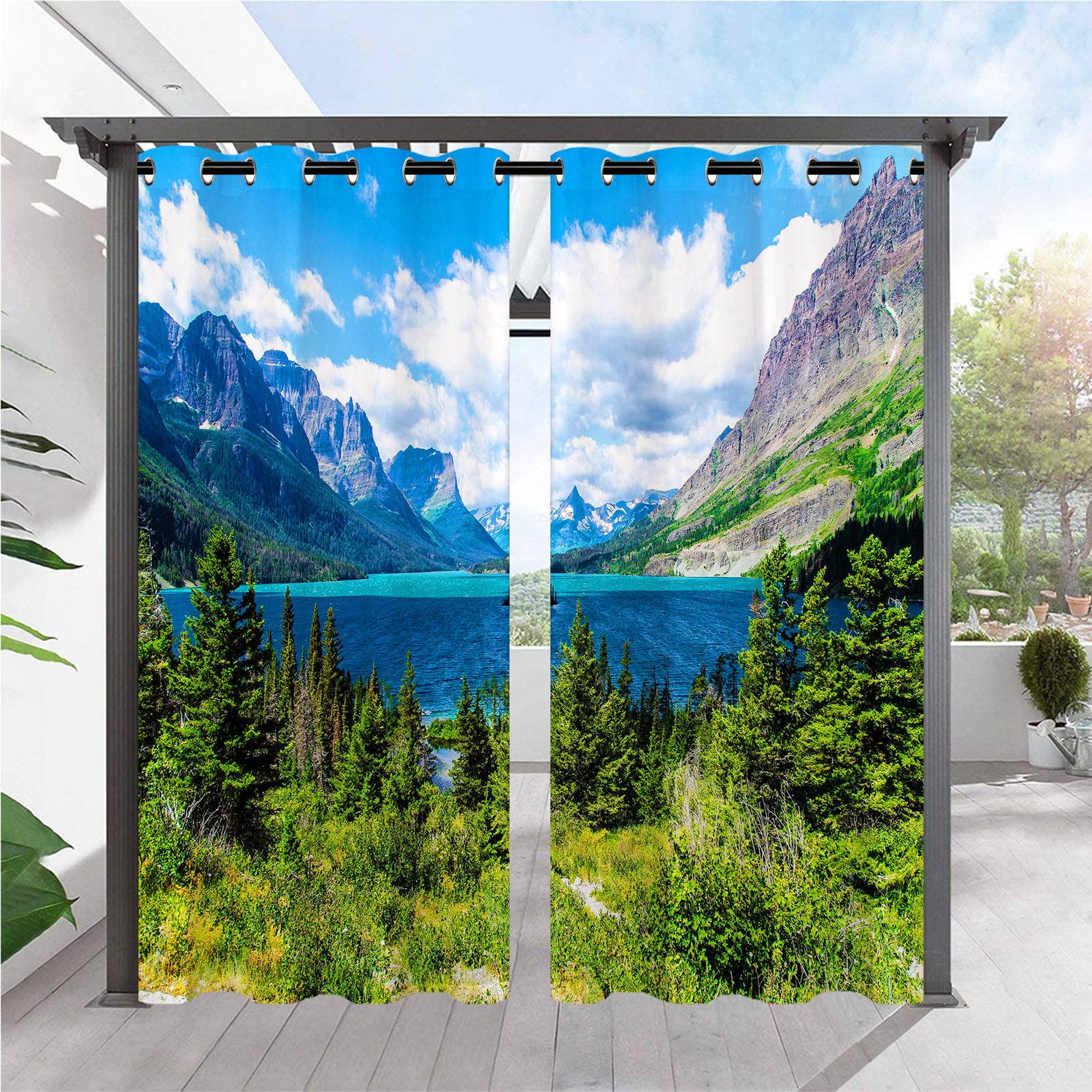 ANHOPE Outdoor Curtains Waterproof Eyelet Ring Top Drapes Nature Landscape Lake Mountain Scene Print Pattern Privacy Outside Curtains for Garden Patio Gazebo Pergola Porch 2 Panels 36 x 84 Inch — image 1