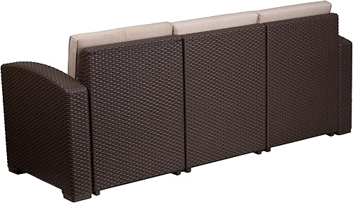 Miniatura 5 de Flash Furniture Seneca - Sofá de ratán sintético marrón chocolate con cojines beige para todo tipo de clima