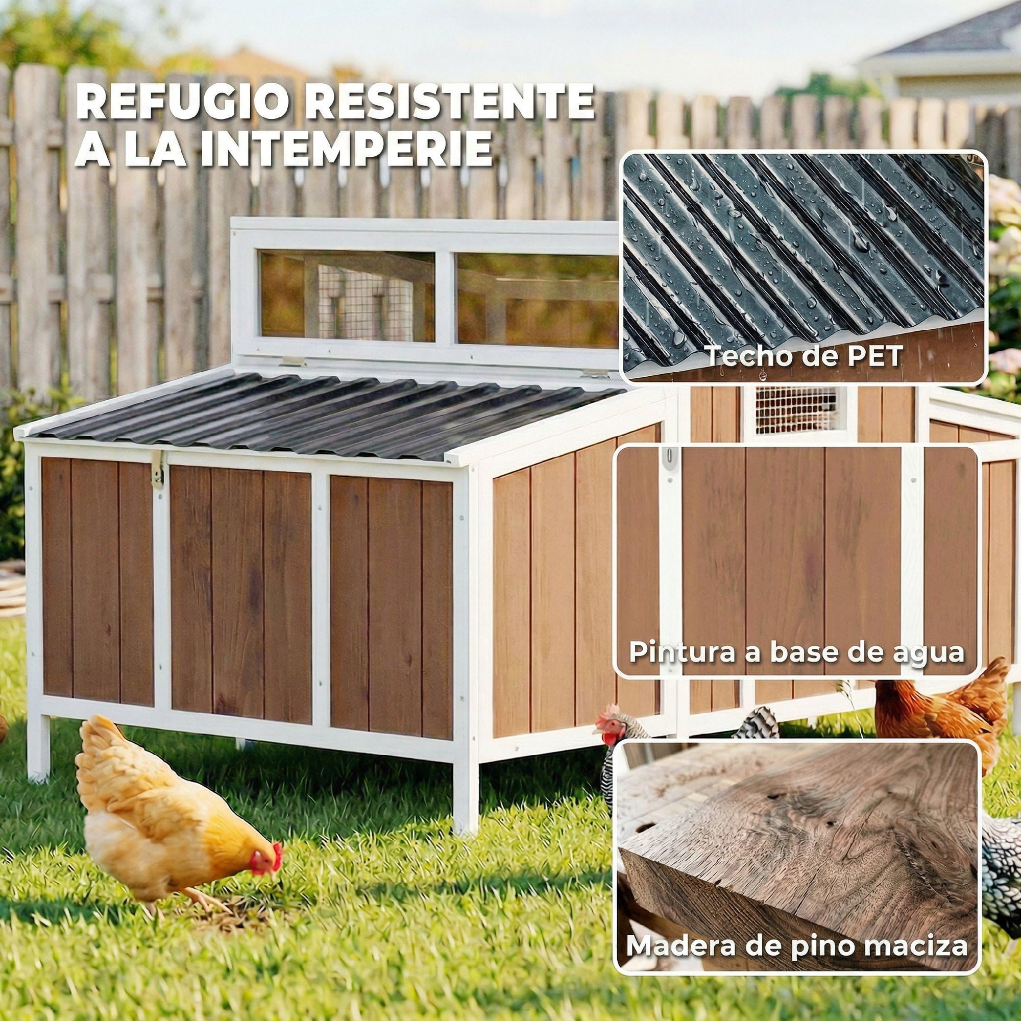 PawHut Gallinero para Exterior de Madera, 145x90x92 cm para 2-4 Gallinas, Gallinero con Nido, Casa Lateral, Bandeja Extraíble, Techo Impermeable, Puertas con Cerradura, Perchas, Conejera, Marrón Claro