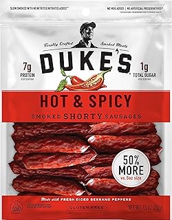 Duke's Pork Hot & Spicy Smoked Shorty Sausages, 7g Protein Per Serving, Great for Charcuterie Boards, 7.5 oz.