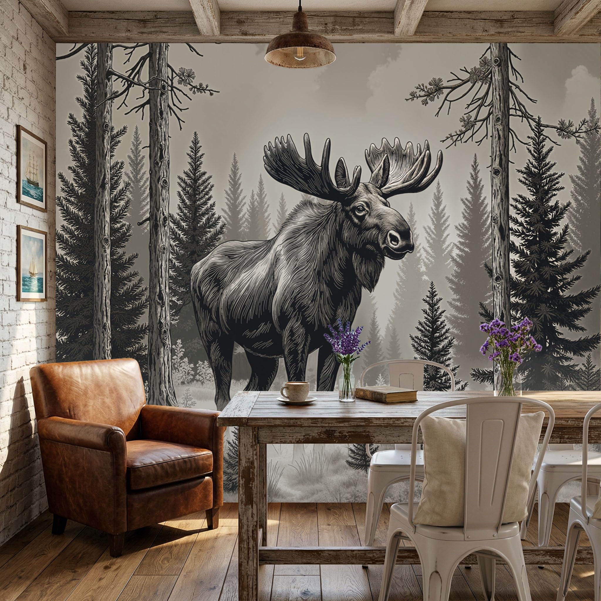Papier peint mural soie sapin orignal poster panoramique forêt vintage