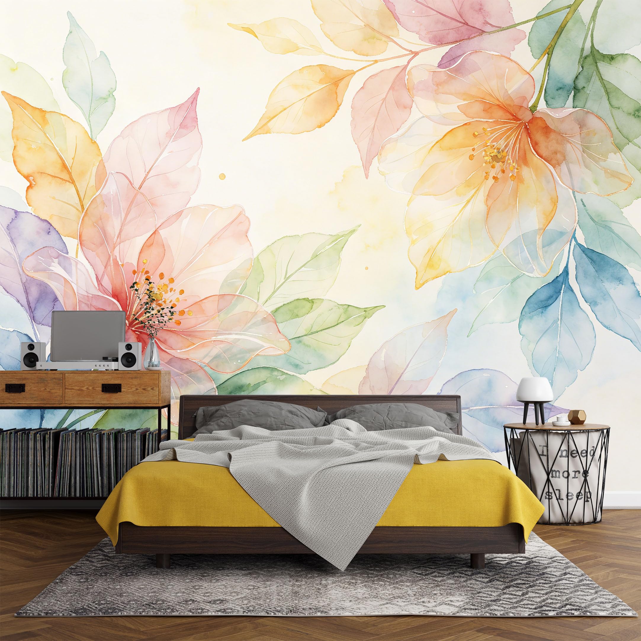 Custom Size Wall Mural， Botanical Watercolor Floral Pastel Leaves Art，SelfAdhesive Art Prints wall Fabric (No PVC) Removable Wallpaper Living Room Decor