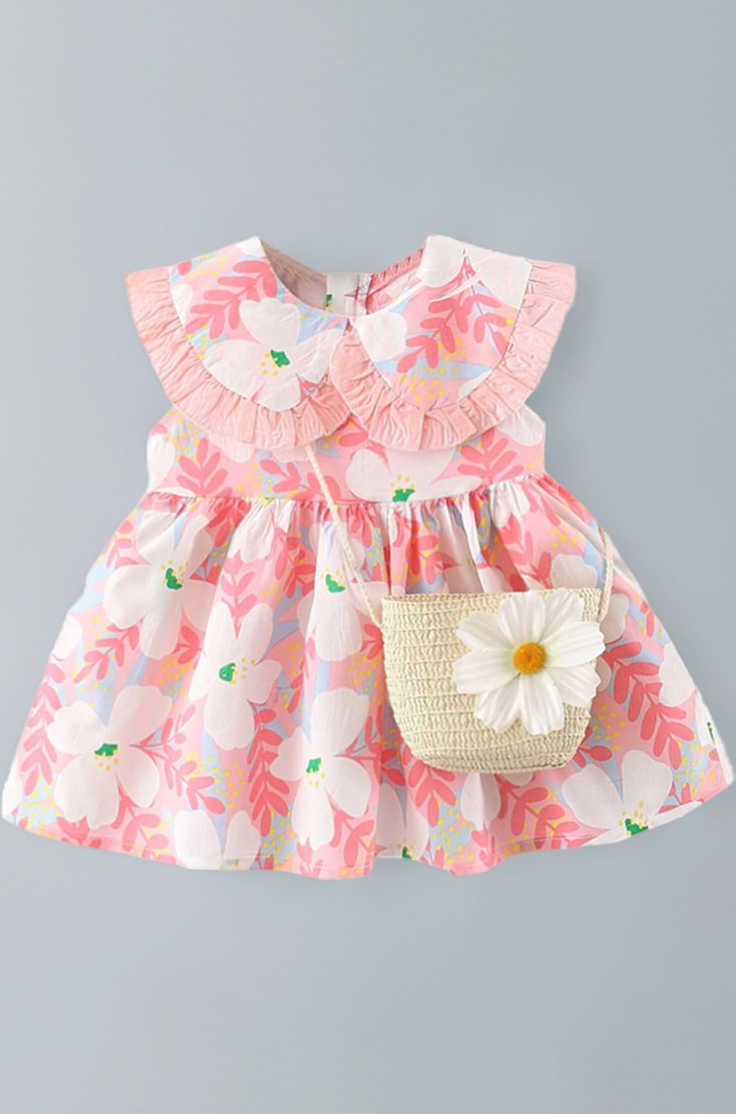 Sleeveless Cotton Floral Print Party Knee Length Dress Frock with Bag Purse for Infant Toddler Baby Girl's
