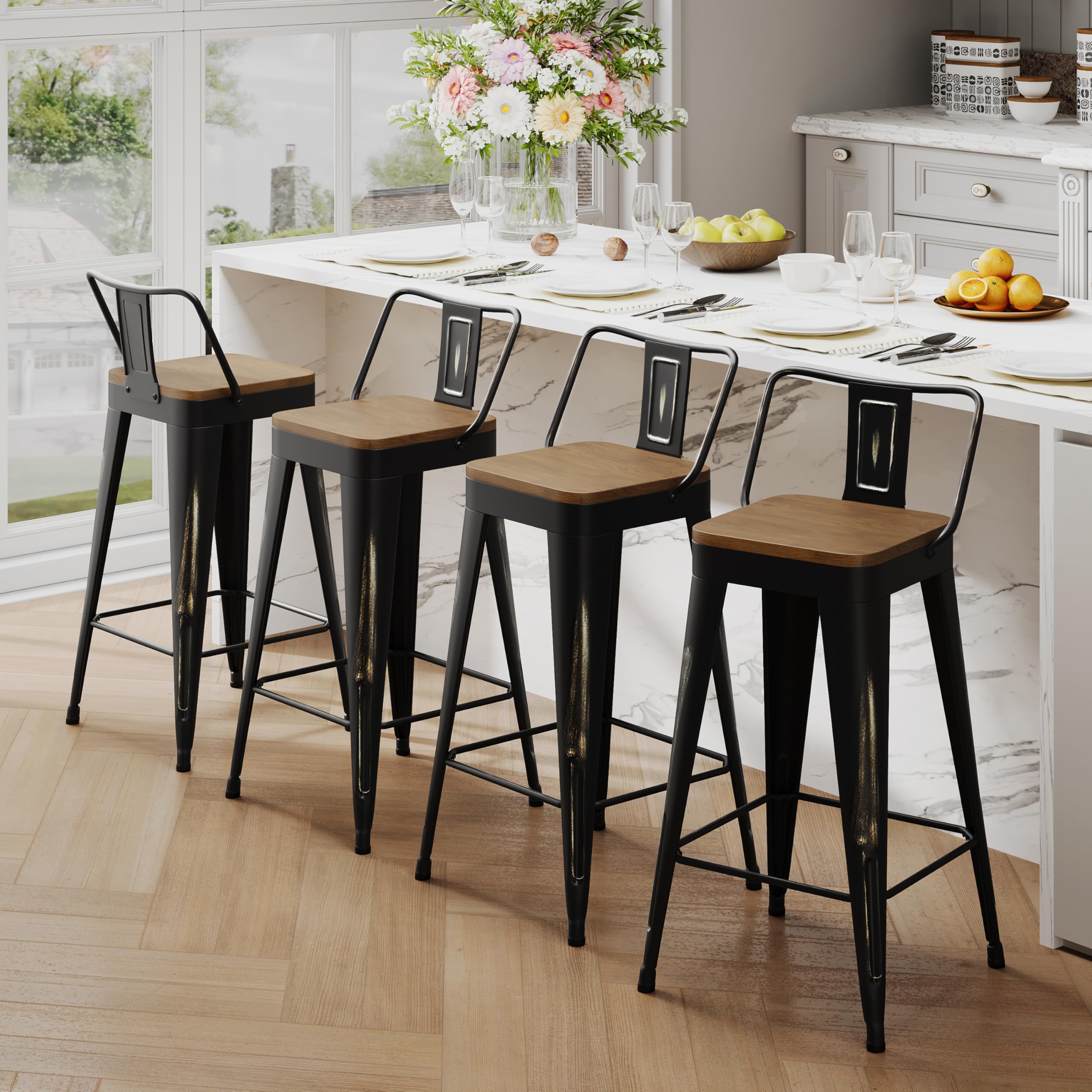 Andeworld Bar Stools Set of 4 Bar Height Stools Industrial Metal Barstools with Wooden Seats(30 Inch, Distressed Gold)