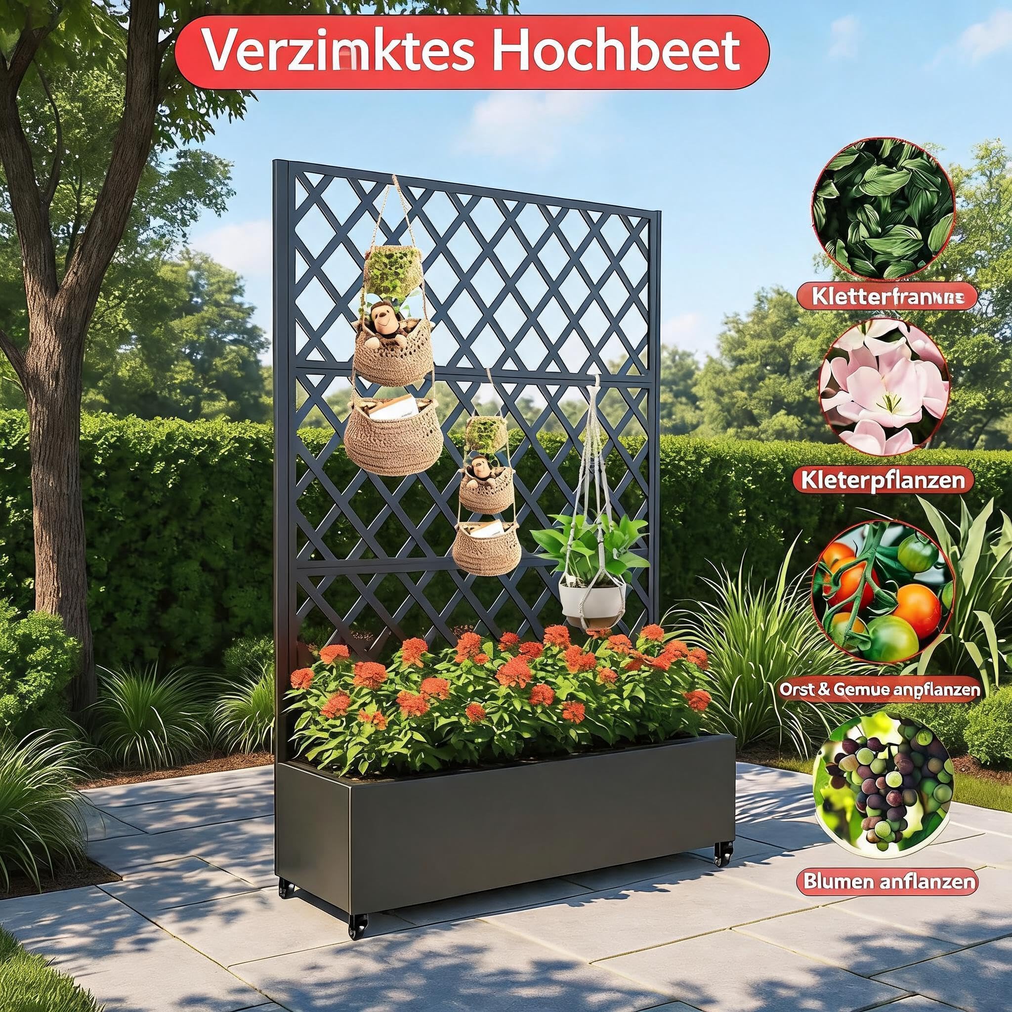 Pflanzkasten Mit Sichtschutz, Metall Blumenkasten Mit Spalier, Hochbeet Mit Rankgitter & Rollen & Drainageloch, Pflanzkübel Hoch 183x119x45cm Für Garten, Balkon Und Terrasse, Schwarz-A