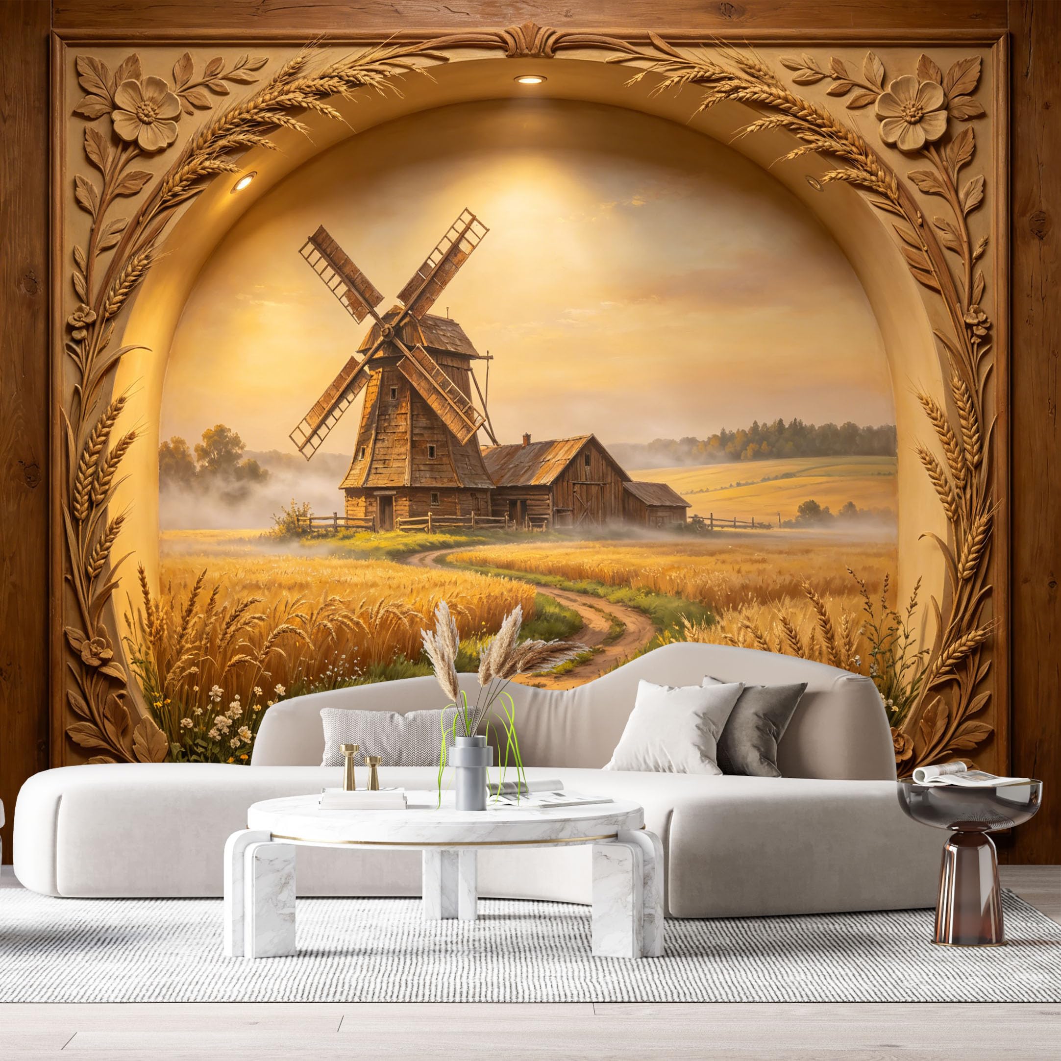Custom Size Wall Murals Farmhouse Windmill Wheat Field Landscape 3D Trompe L'Oeil SelfAdhesiveWall Fabric Removable Wallpaper Wall Decor for Living Room Bedroom Bathroom