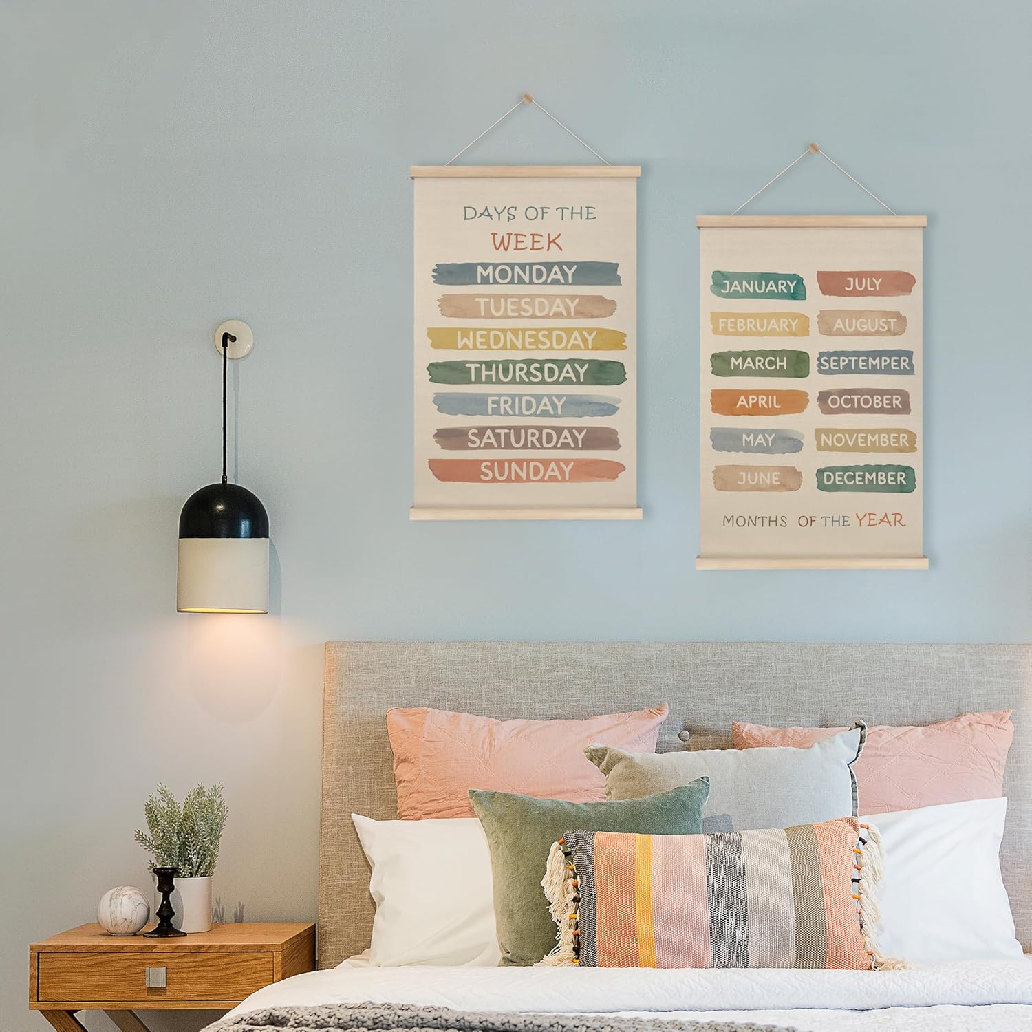 HRQKO Boho Week Month Decor Poster Hanger Frame Set of 2, Educational Posters, Preschool Wall Art with Wooden Frames, Boho Classroom Wall Hanging Banner Decor for Toddlers Room Playroom, 16x24 inch