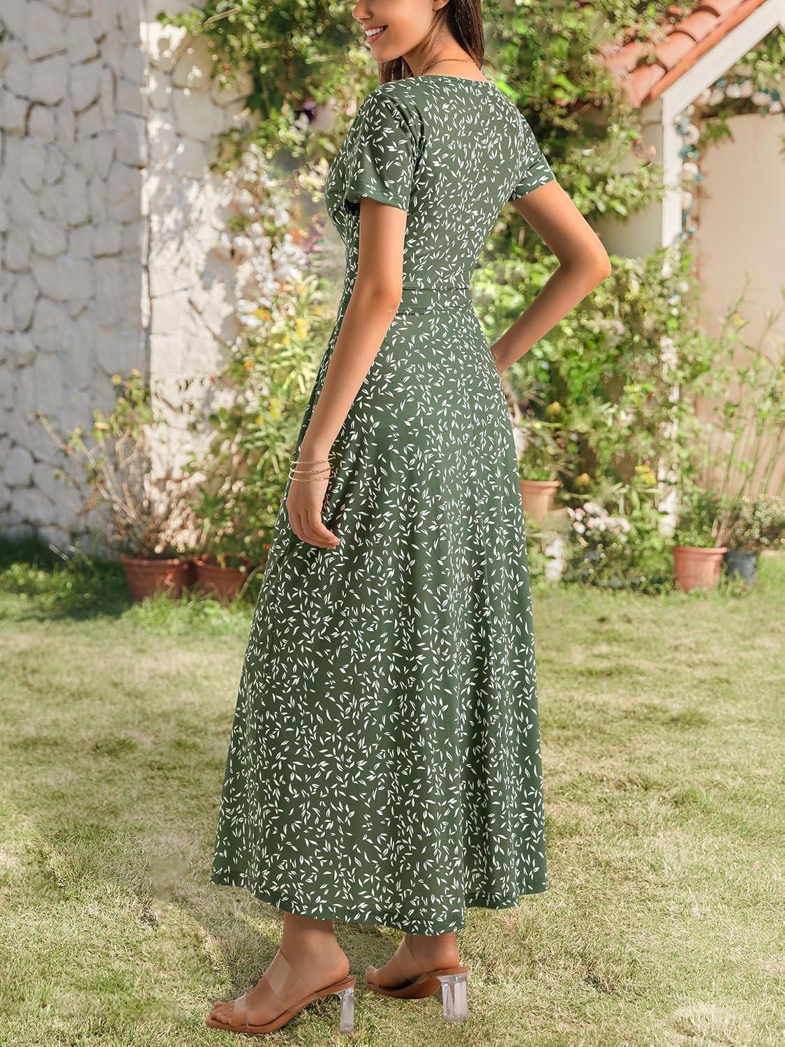 HUHOT Women's Short Sleeve Wrap V Neck Dresses for Wedding Guest Summer Floral Maxi Sundresses with Pockets Boho Dress - Image 5