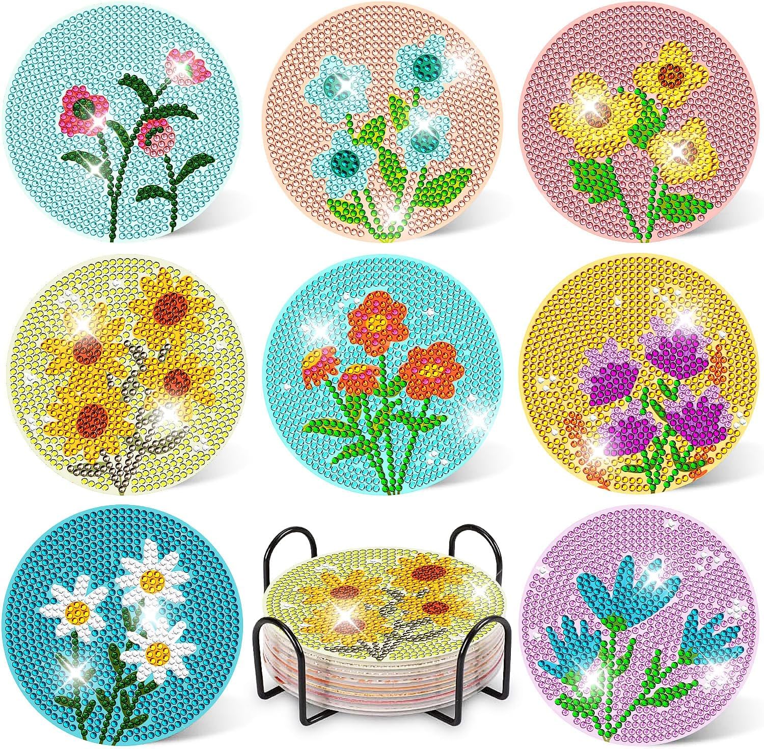 8 Pcs Flowers Diamond Art Coasters Kits with Holder