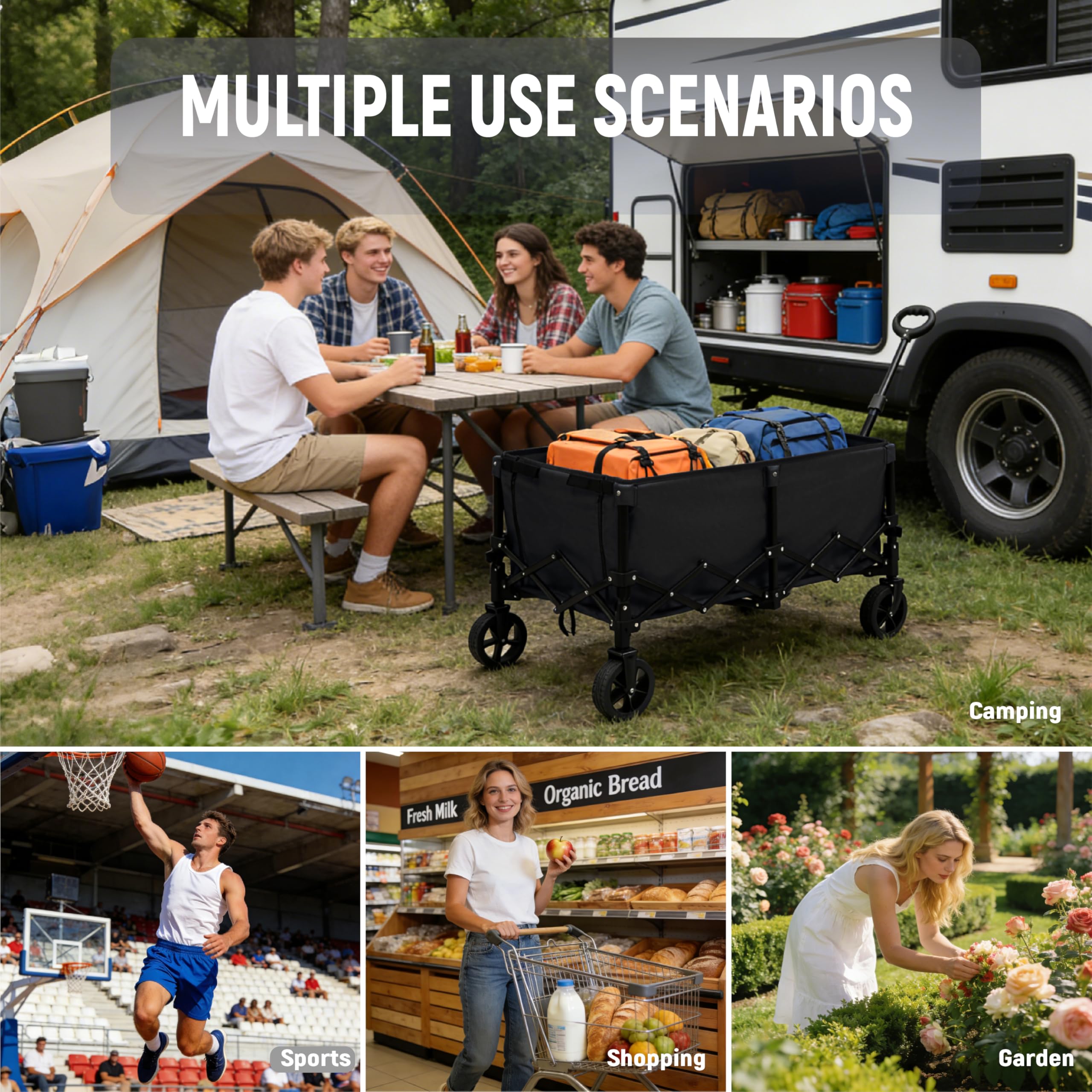 OUTSIDER Bollerwagen faltbar 165L – Campingwagen mit 136kg Tragfähigkeit, klappbarer Strandwagen mit 360° Rädern, für Camping Einkauf Strand Schwarz