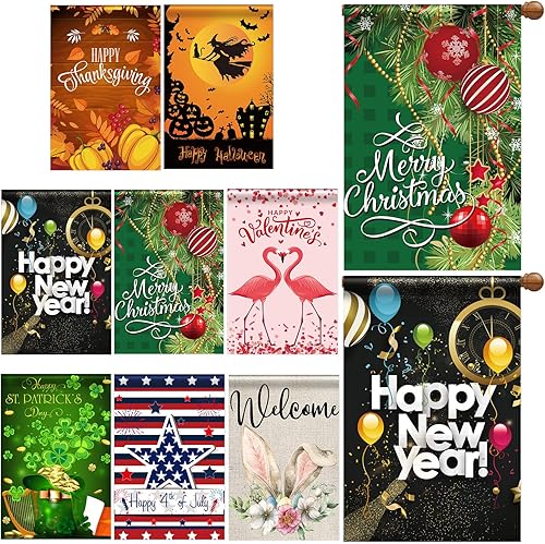 Moukeren Paquete de 8 banderas de jardín de temporada de 28 x 40 pulgadas, banderas exteriores del día de San Patricio, banderas de Pascua, banderas