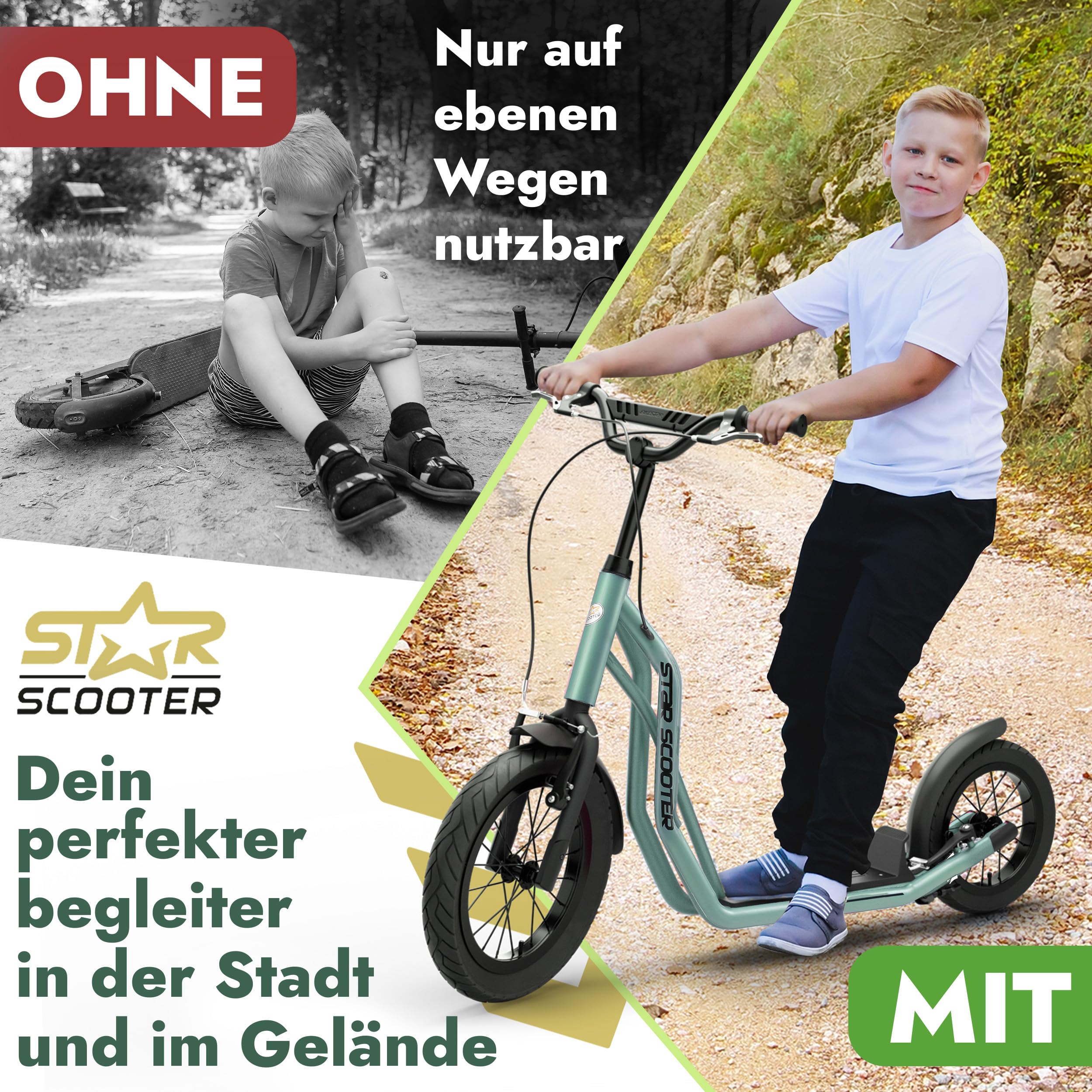 STAR SCOOTER Kinder Tret Roller ab 7-8 Jahre | 16/12 Zoll Mixed City Kick Scooter Luftreifen